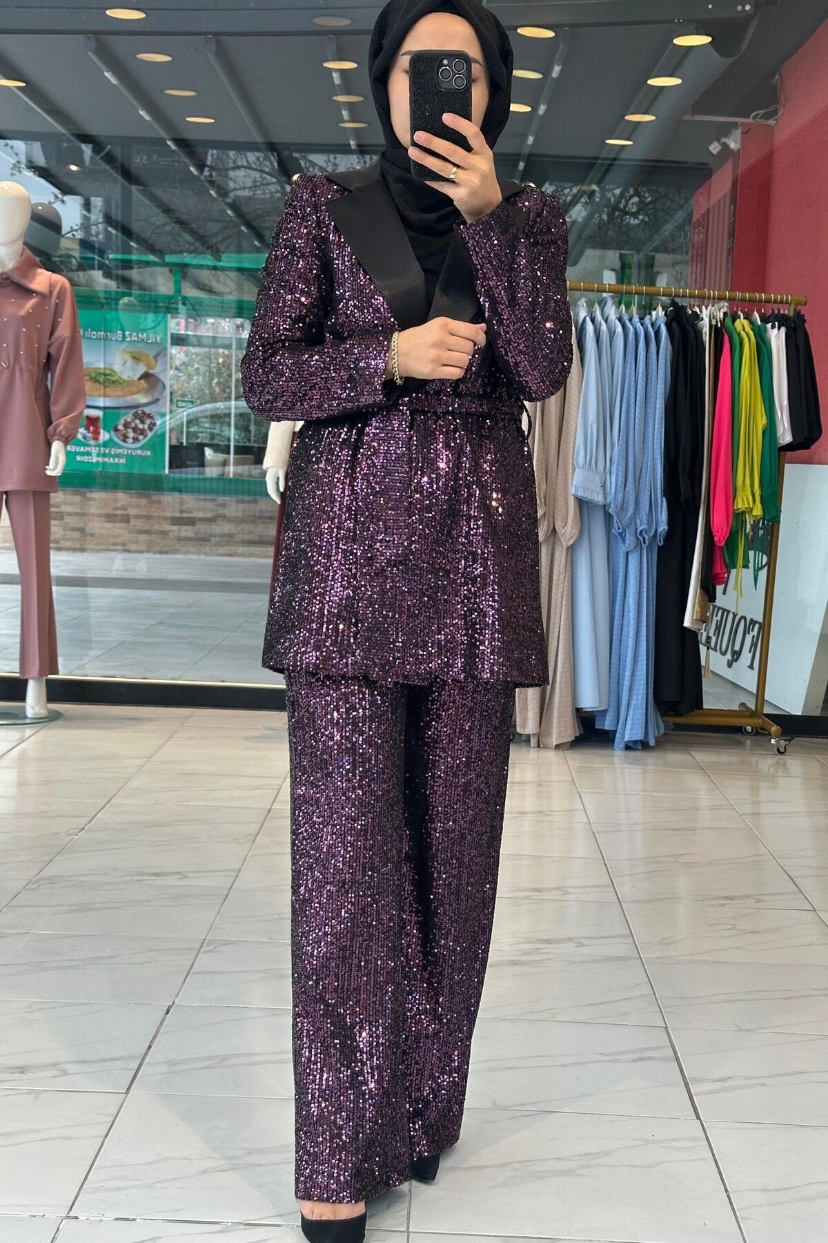 Cashmere Moda-Women, Flexible Waist, Lined, Sequined Sequin, Long Pants 6