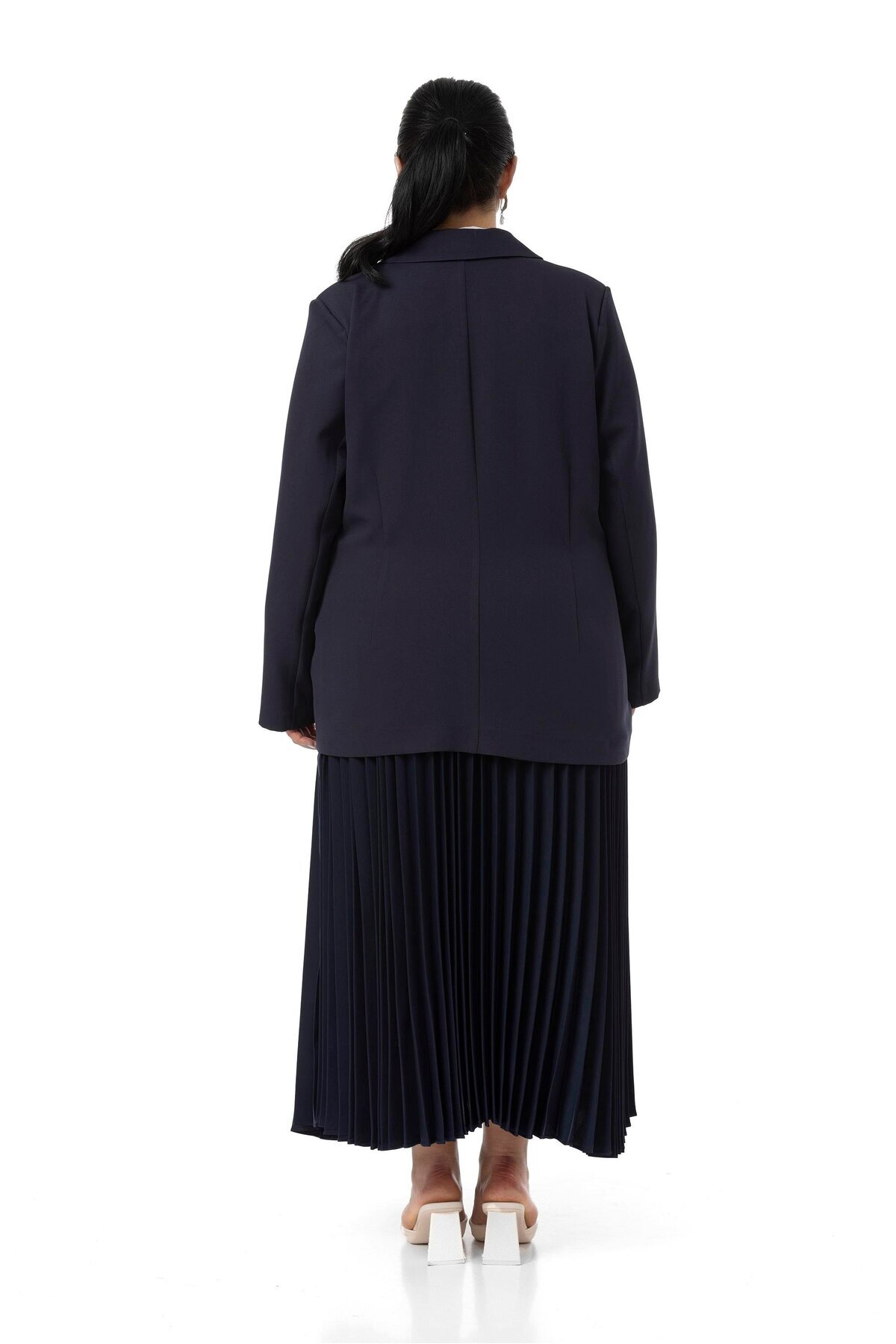 DISENTIS MODEST-Large Size Pleated Skirt Jacket Navy Blue Double Suit 3