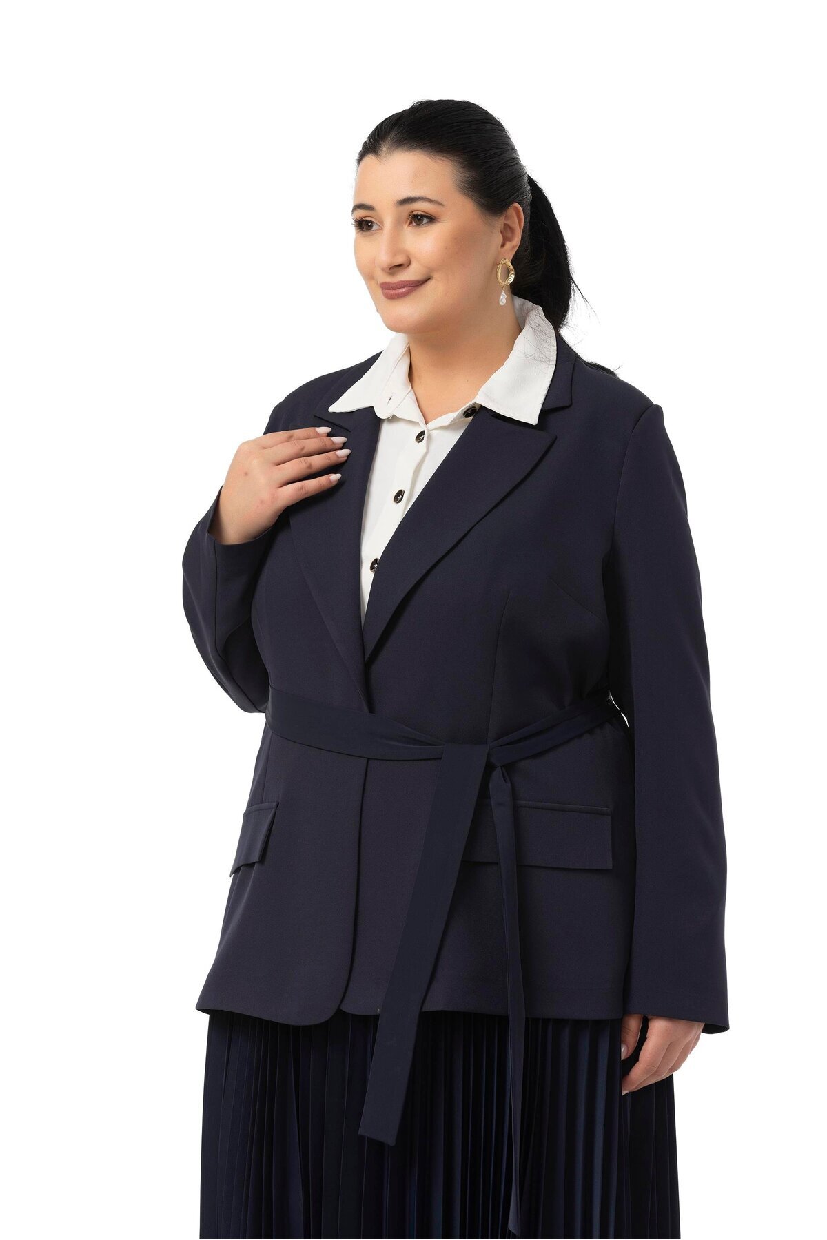 DISENTIS MODEST-Large Size Pleated Skirt Jacket Navy Blue Double Suit 5