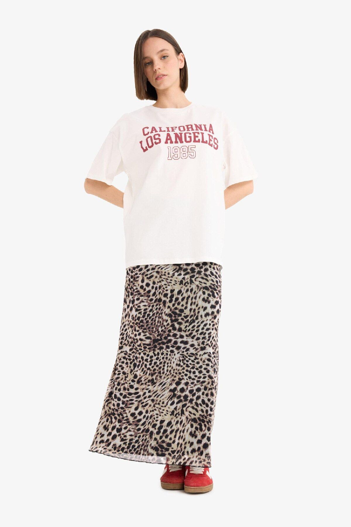 DeFacto-Coool A-Line Leopard Pattern High Waist Combed Cotton Lining Tulle Maxi Skirt D7077Ax25Sp 4
