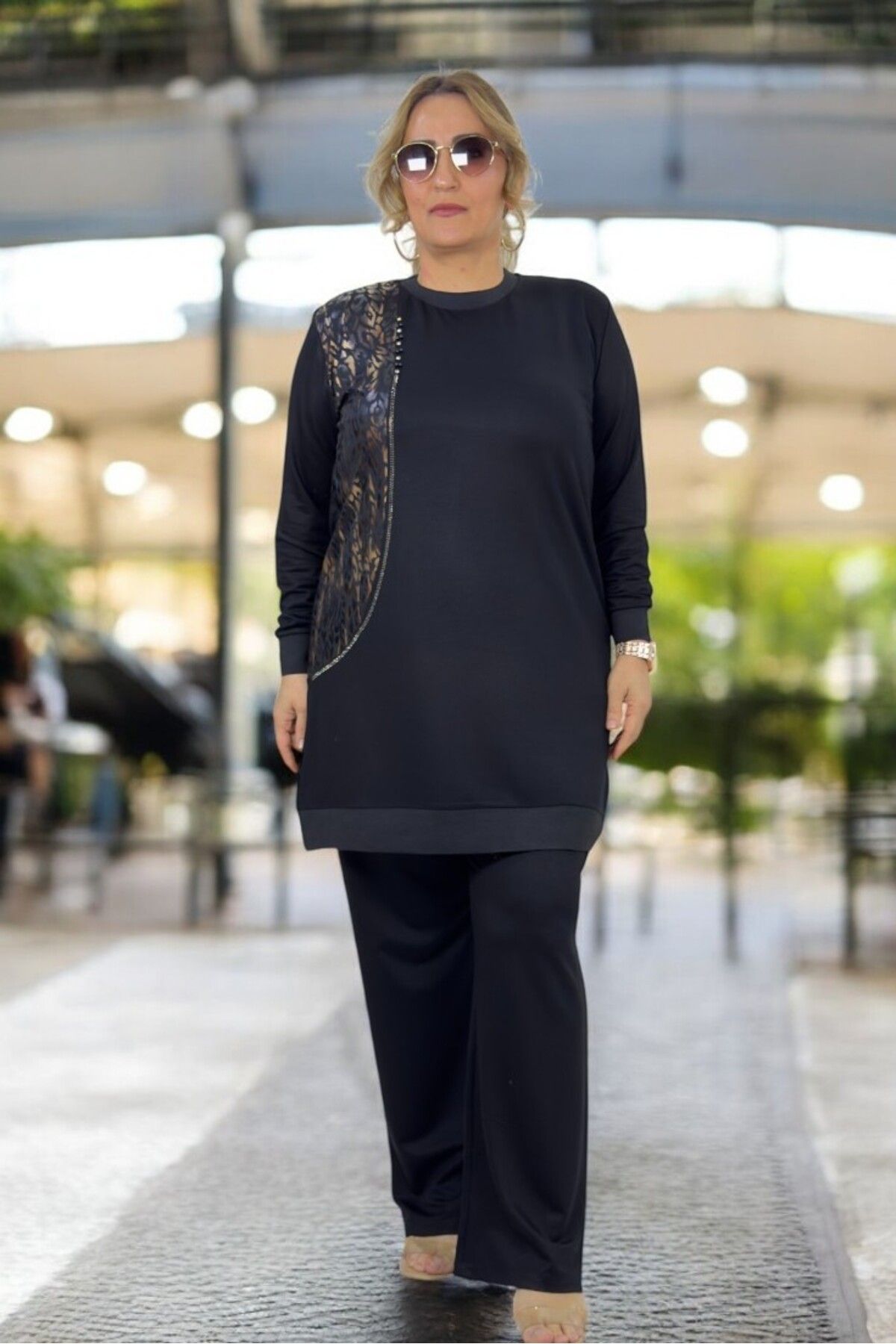 yagmurberen-Leopard Patterned Stone Detail Full Lycra Crystal 2 Thread Fabric Large Size Tunic Pants Two Sets 3
