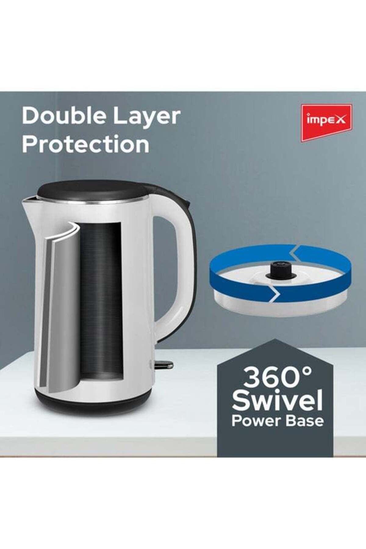 İMPEX-Electric Kettle 2 Ltr 1500W Double Layer Inside 360° Base Automatic Shut-Off- White STEAMER 2002 5