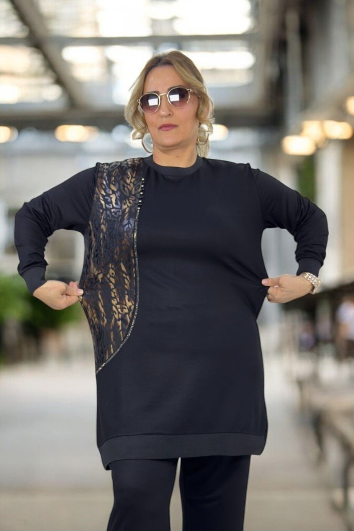 yagmurberen-Leopard Patterned Stone Detail Full Lycra Crystal 2 Thread Fabric Large Size Tunic Pants Two Sets 6