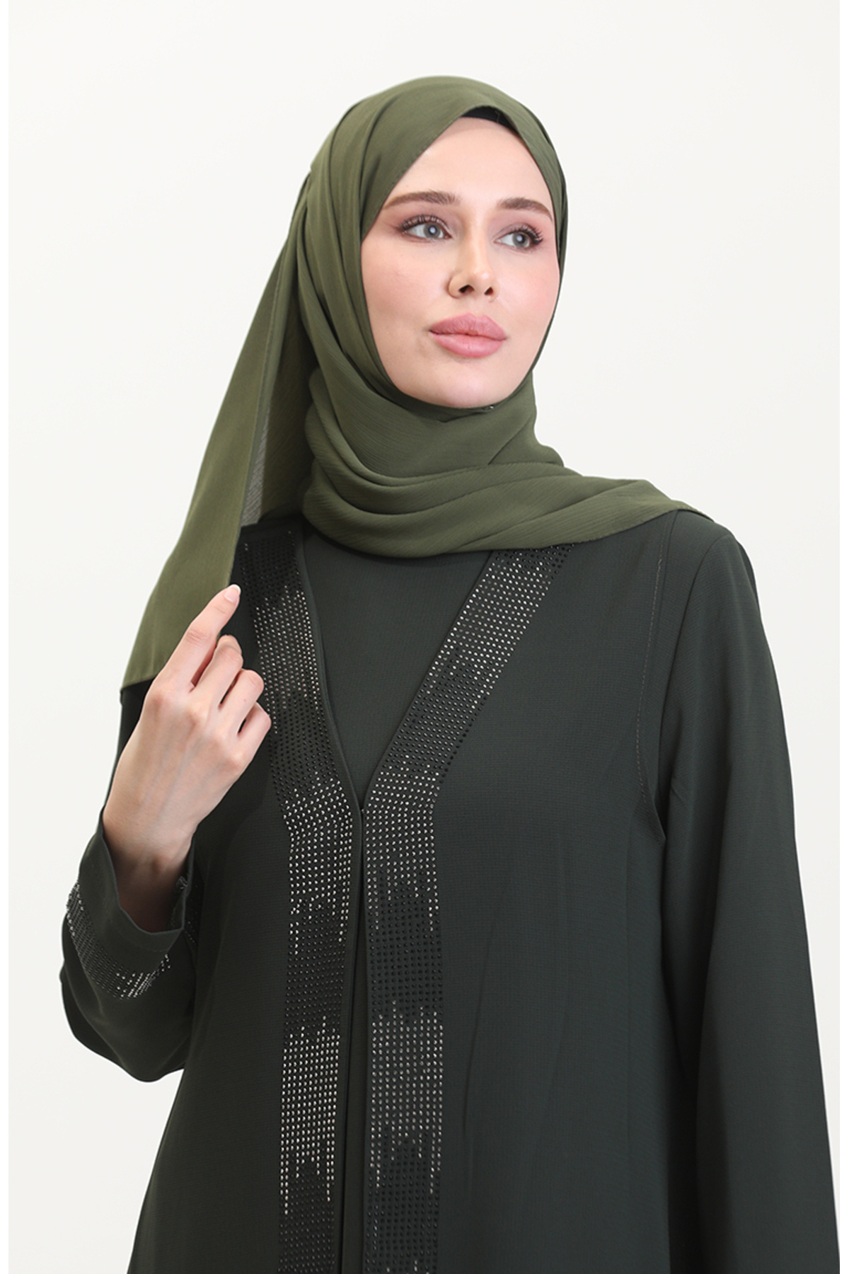 sefamerve-Φόρεμα Plus Size Γιλέκο Διπλό Σετ 6140-06 Χακί 3