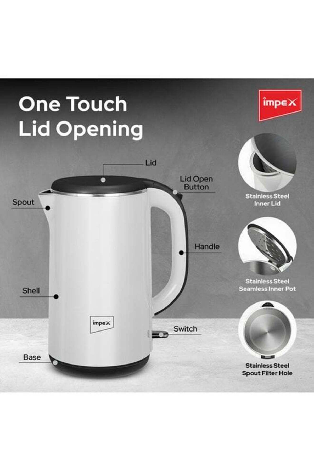 İMPEX-Electric Kettle 2 Ltr 1500W Double Layer Inside 360° Base Automatic Shut-Off- White STEAMER 2002 4