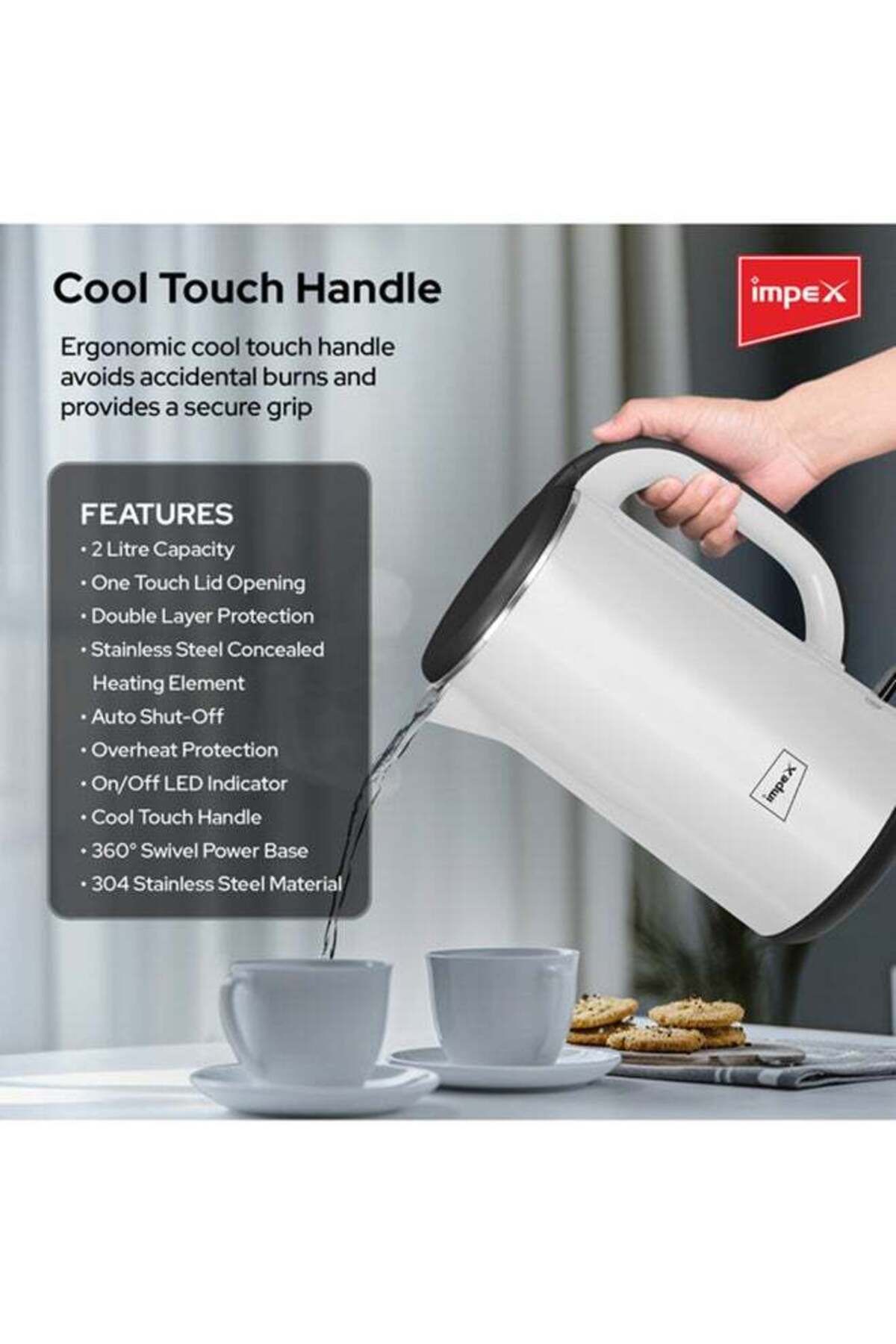 İMPEX-Electric Kettle 2 Ltr 1500W Double Layer Inside 360° Base Automatic Shut-Off- White STEAMER 2002 7