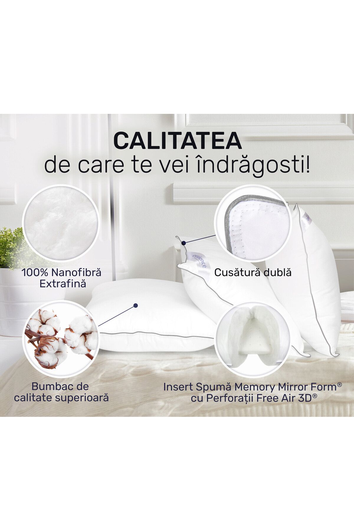 Essience-Perna 50x70 cm, Essience Premium Collection, insert memory si umplutura nanofibra, husa Bumbac 7