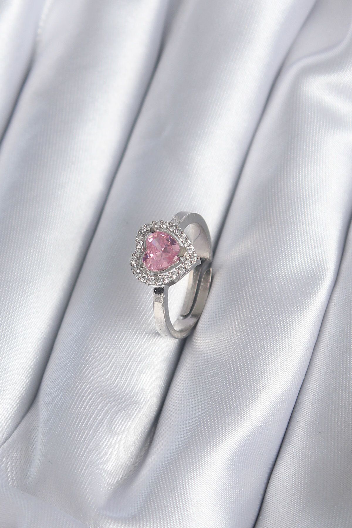 STİLLOVE Pirinç Gümüş Renk Pembe Zirkon Taşlı Charm Model Kadın Yüzük