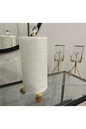 Meralles Gold Dekoratif Ahşap Top Ayaklı Kristal Taşlı Cam Kağıt Havluluk