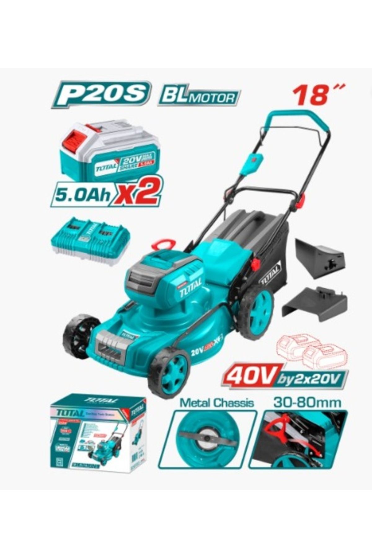 TOTAL Tlmlı 20186 Akülü Çim Biçme Makinesi 40 V 10 Ah