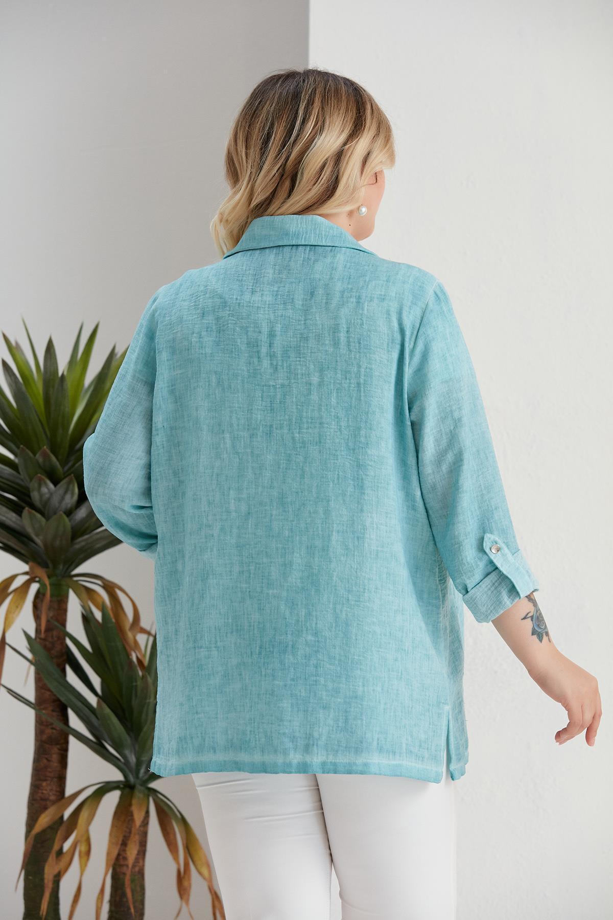 Metpoint-Large Size Double Breasted Collar Tie Dye Turquoise Jacket 8