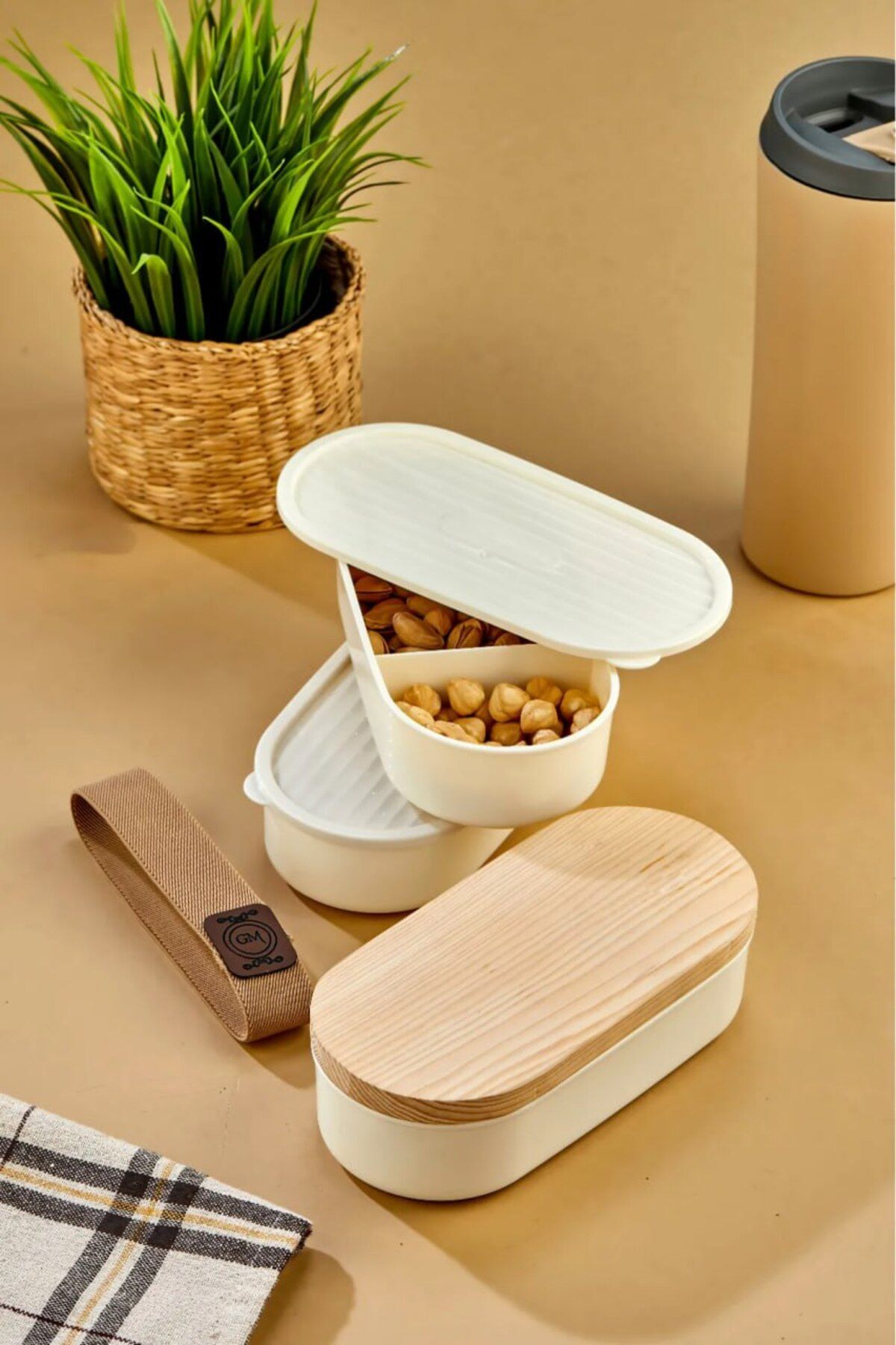 Anadolu Saray-3Pcs Stackable Practical with Elastic Band Wooden Lid Storage Container Set Lid Storage Container 2