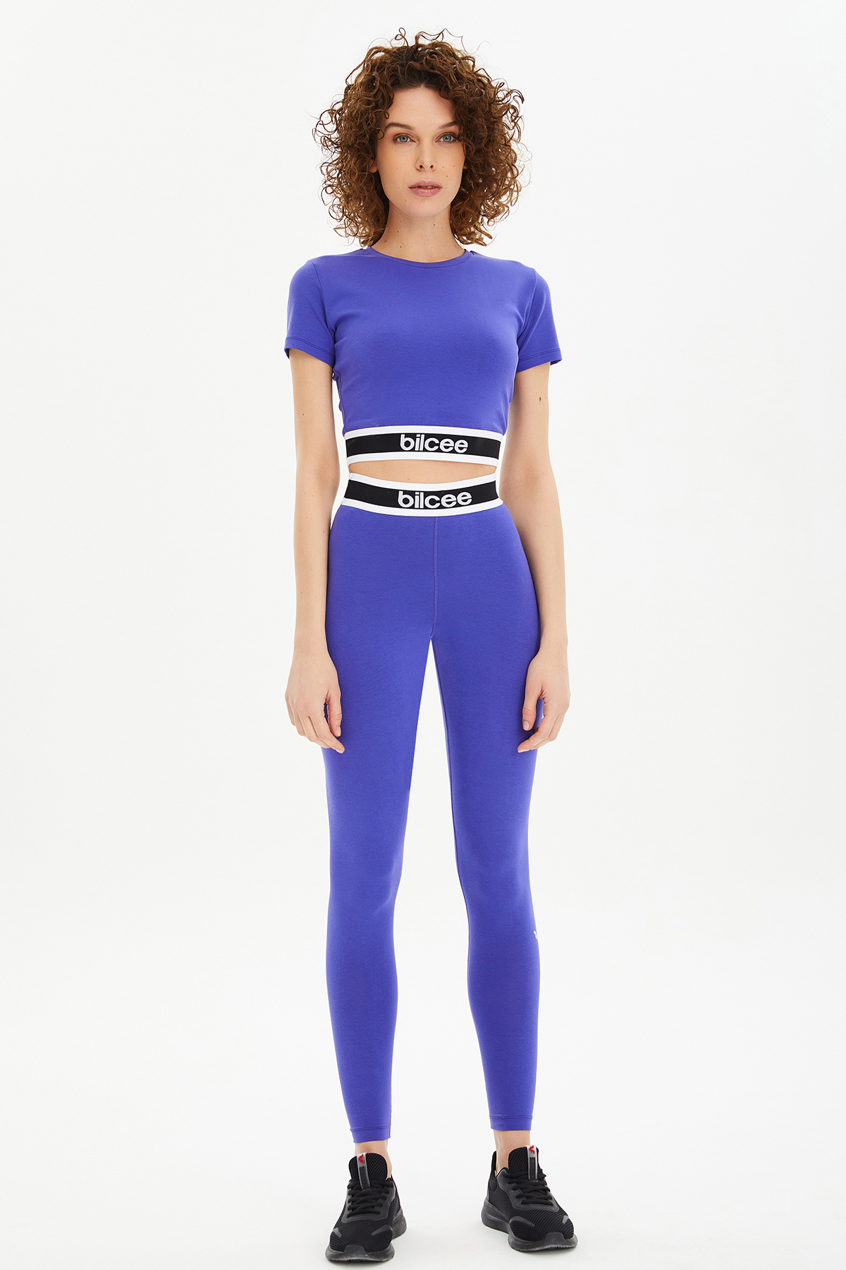 bilcee-Purple Cotton High Waist Women's Sports T-Shirt Set - Short Sleeve, Belly Top Crop, Leggings 0541 3