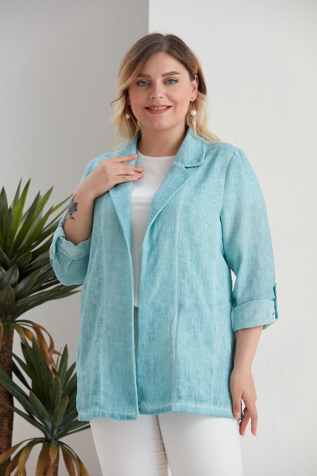 Metpoint-Large Size Double Breasted Collar Tie Dye Turquoise Jacket 1