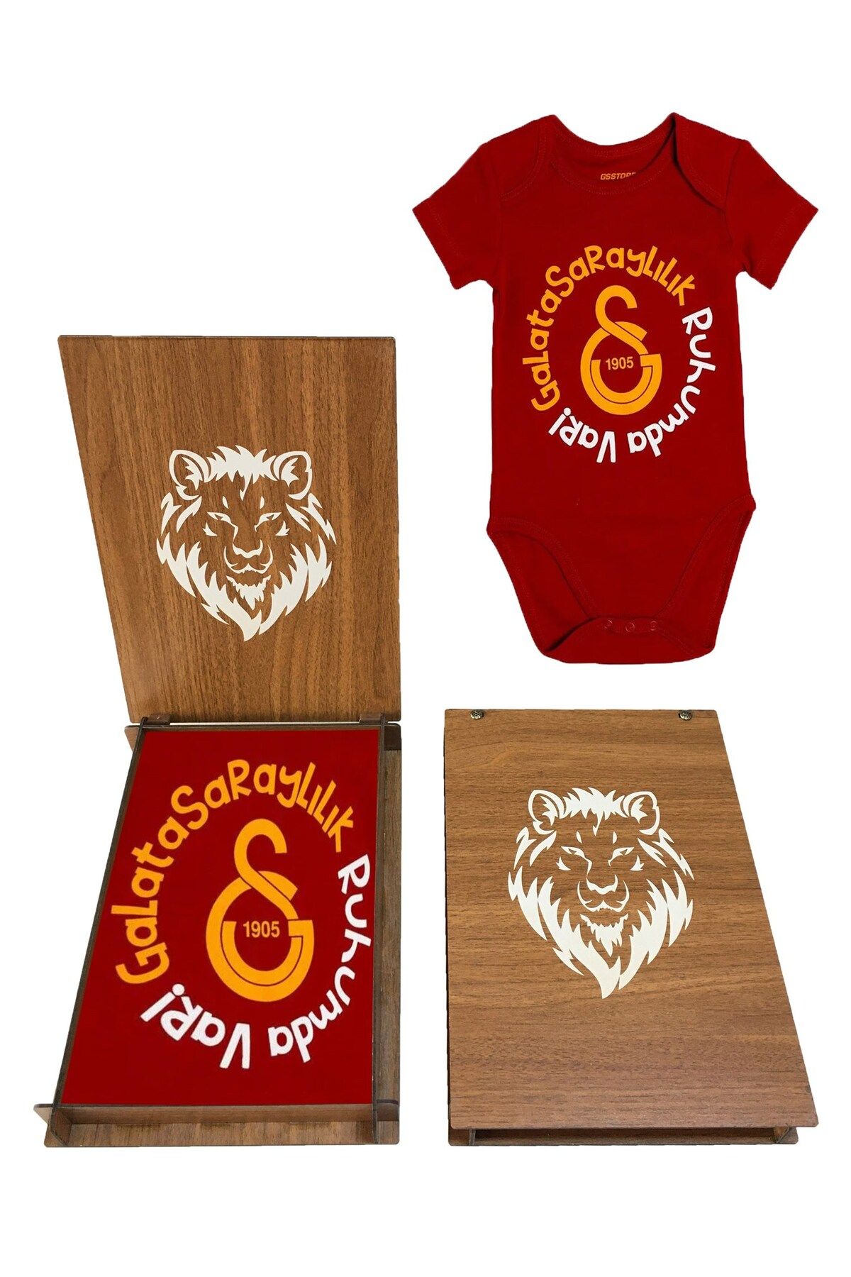 Galatasaray Lisanslı Kırmızı  Bebek Kısa Kollu Body Hediye Ahşap Kutulu