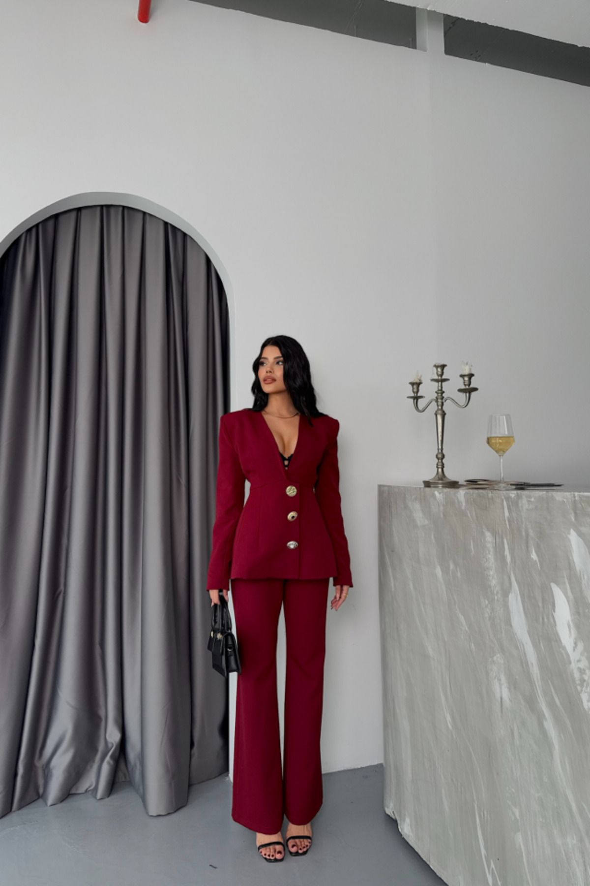 ASFSTORE TASARIM CEKET-PANTOLON TAKIM METAL DÜĞME DETAYLI - Bordo