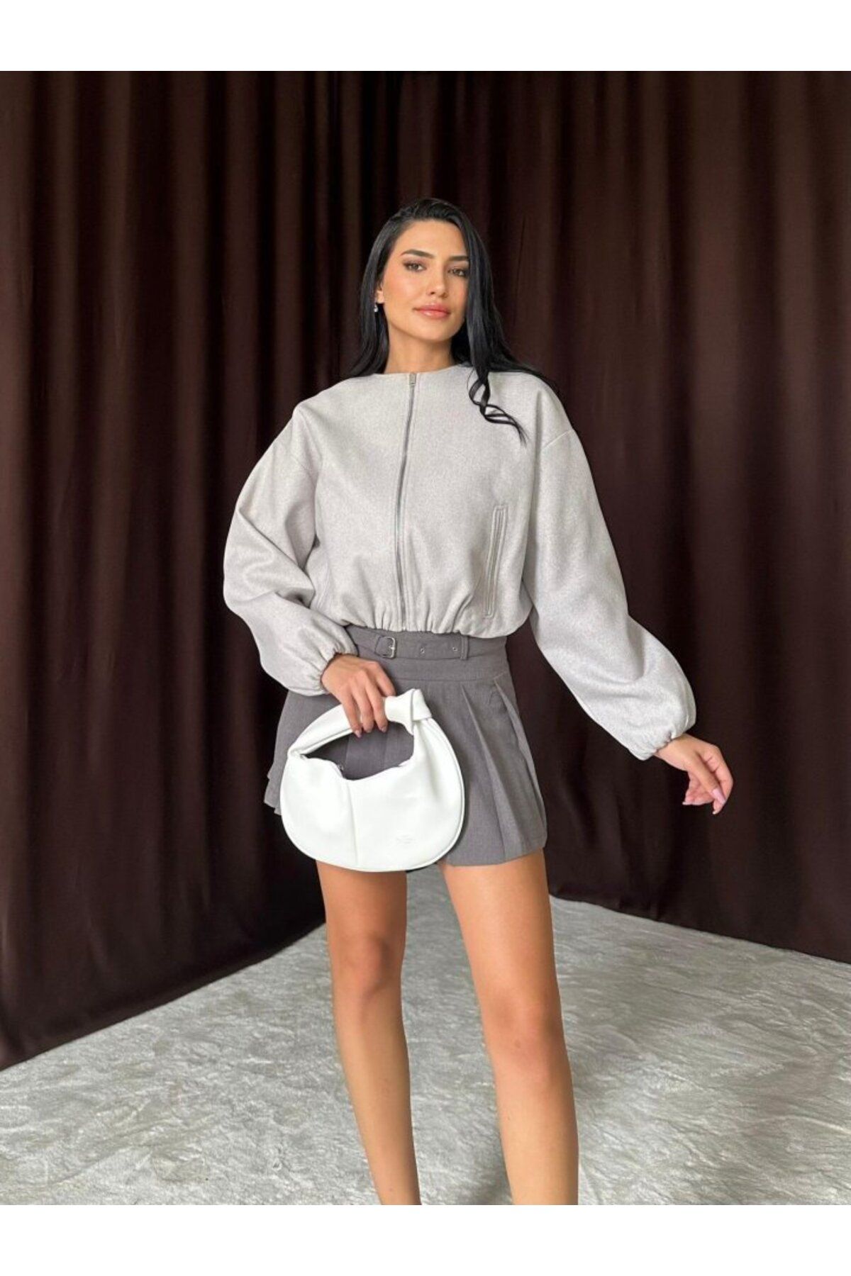 Gökyüzü Moda Açık Gri Kısa Önü Fermuarlı Bomber Ceket