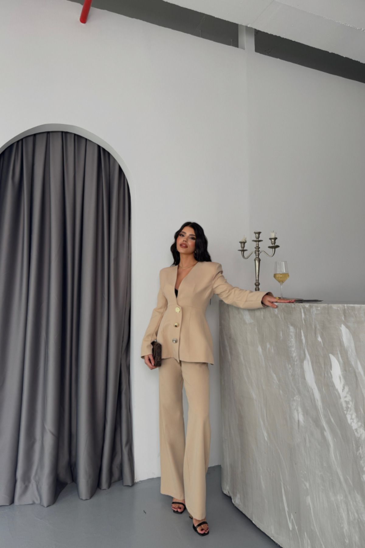 moda wanilia TASARIM CEKET-PANTOLON TAKIM METAL DÜĞME DETAYLI - Bej
