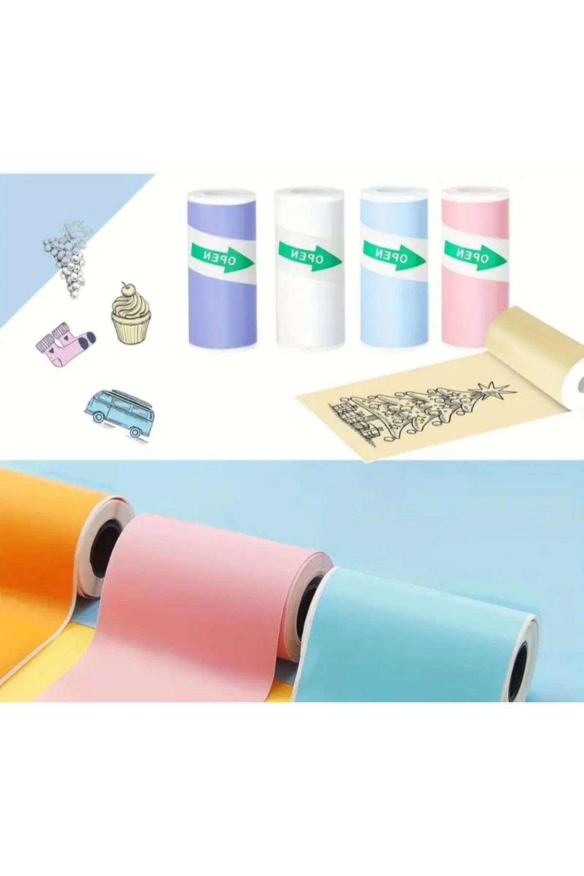 yazıcıbag Mini Termal Yazıcı Kağıtları toplam 5 rulo ( mavi+mor+sarı+pembe+beyaz )
