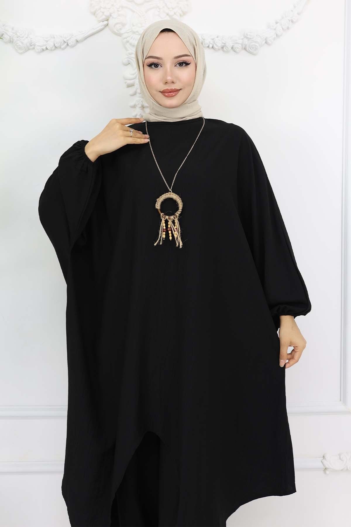 benguen-طقم تونيك طويل فضفاض مكون من قطعتين (أسود) رقم الموديل: 4765 2