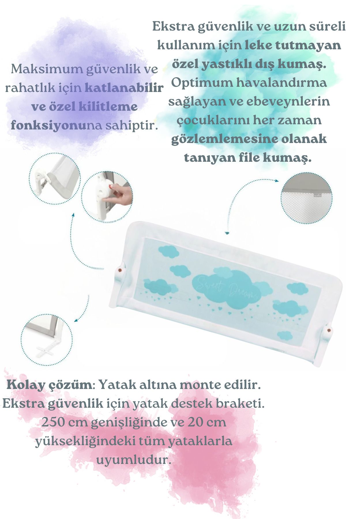 GUİMO-Guimo 110cm Patterned - Foldable Bed Barrier Folding Bed Frame 4