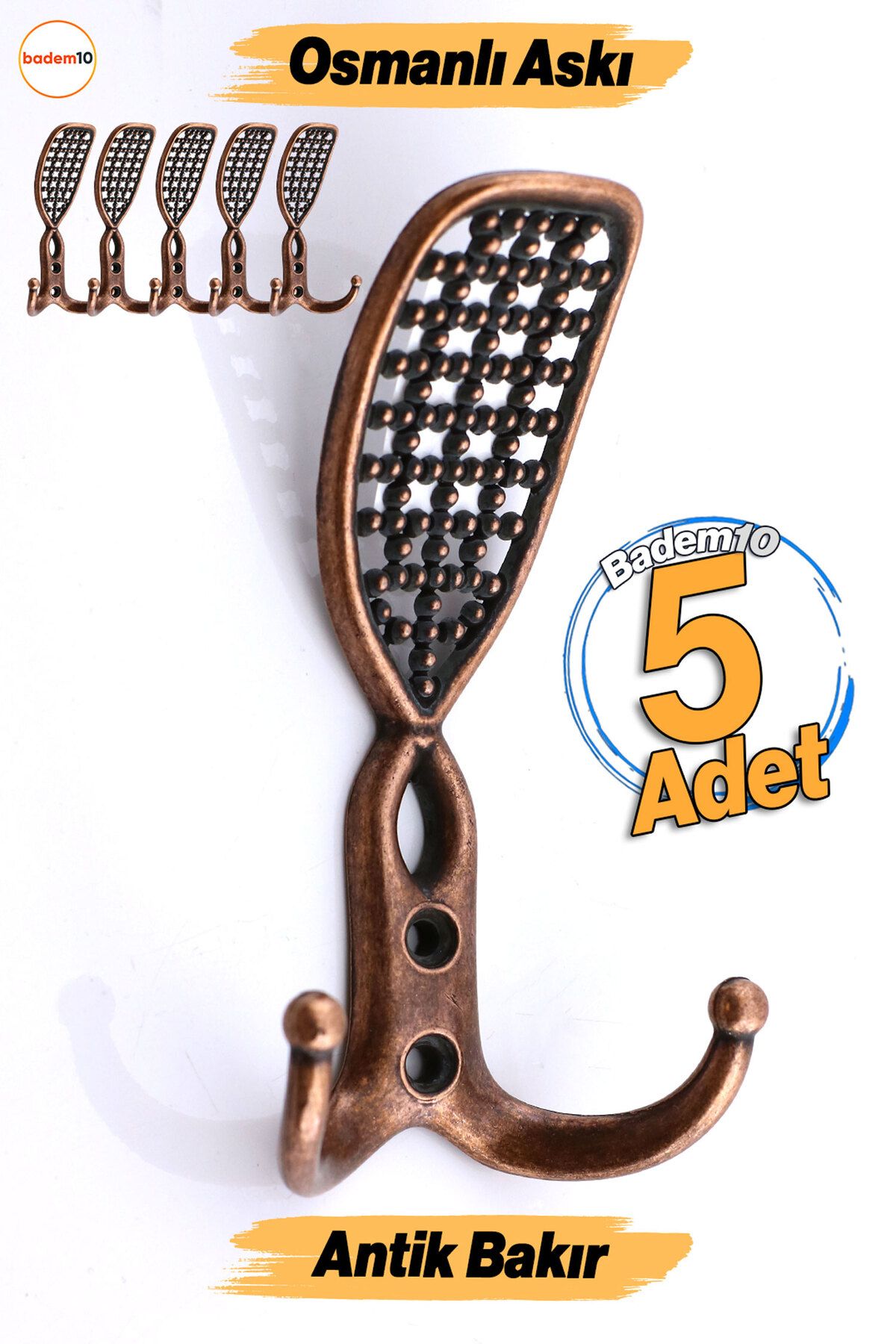 Badem10 Osmanlı Antik Bakır Metal Askısı 5 ADET Mobilya Vestiyer Duvar Dolap Elbise Kıyafet Askılığı Askılık