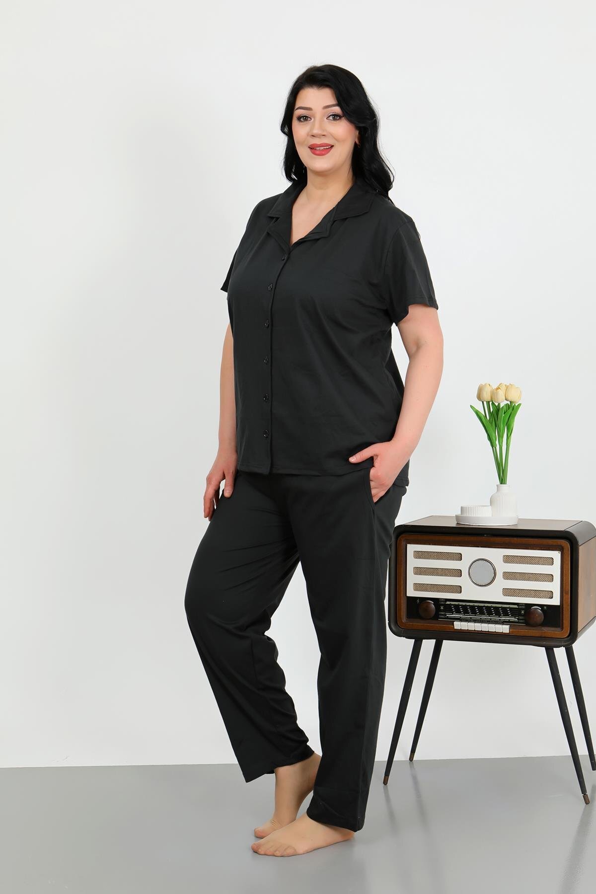Akbeniz-Women's Plus Size Cotton Pocket Buttoned Black Pajama Suit 202507 2