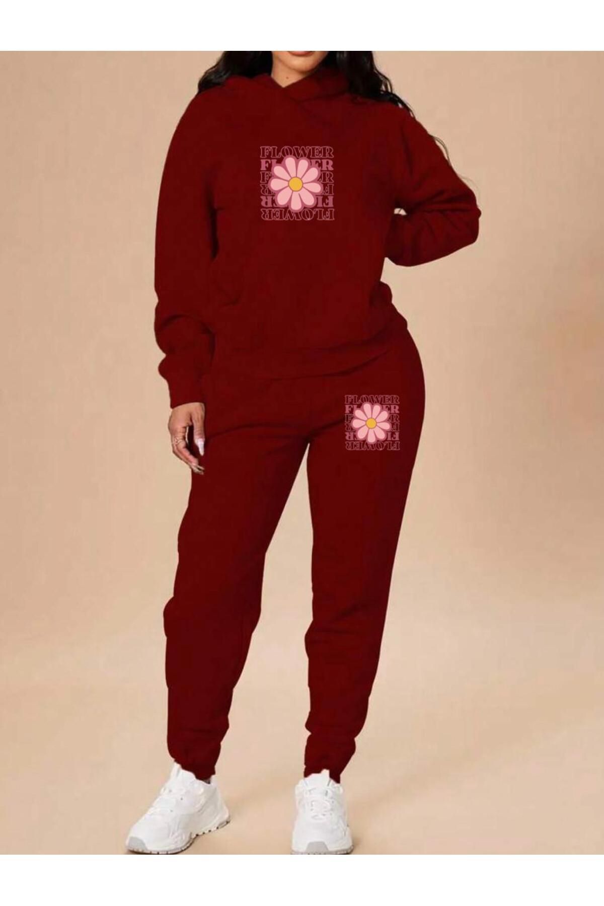 RPT MODA Întregul Cu Flore Detalii Imprimate Cu Capucă Cu Bucle Kanguru, Complet Format Din Două Părți, Pantalon Și Tricou. Femeie - XL