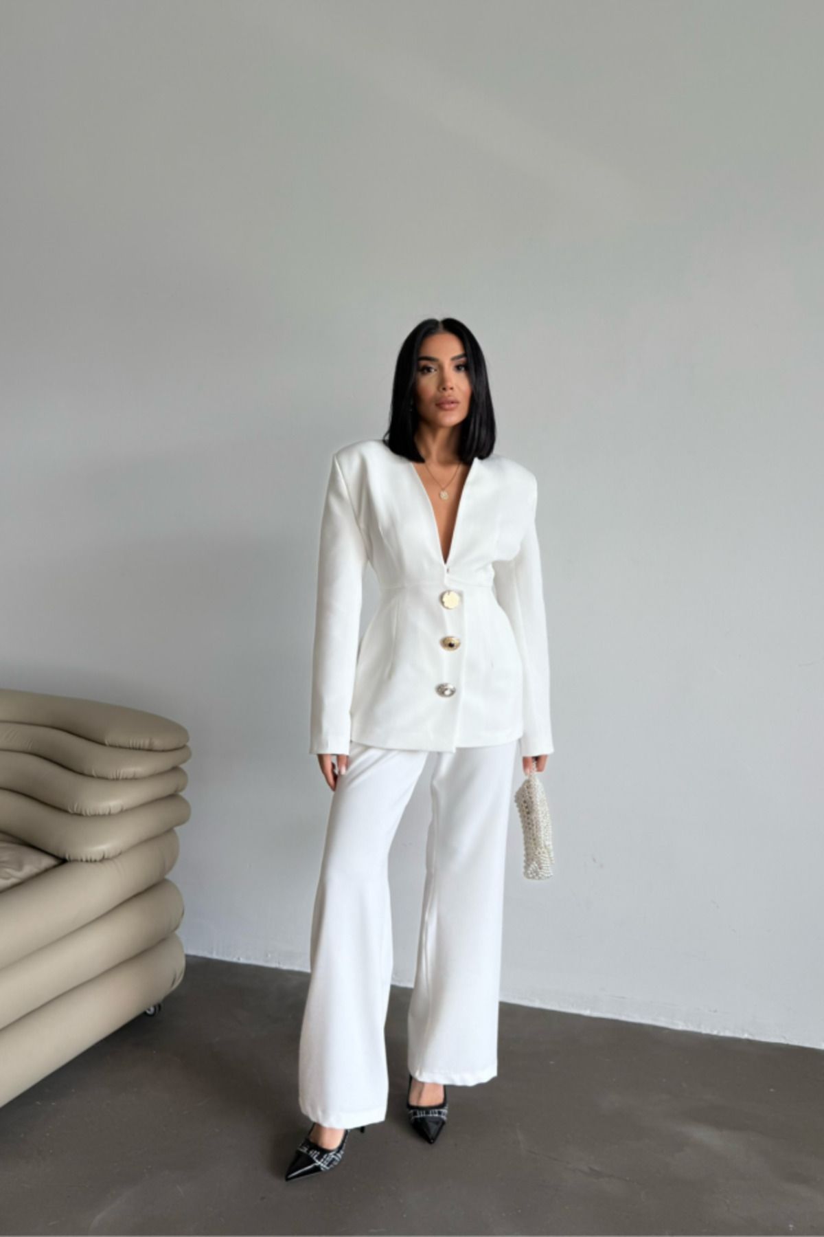 velmorafashion Tasarim Ceket-pantolon Takim Metal Düğme Detayli - Beyaz
