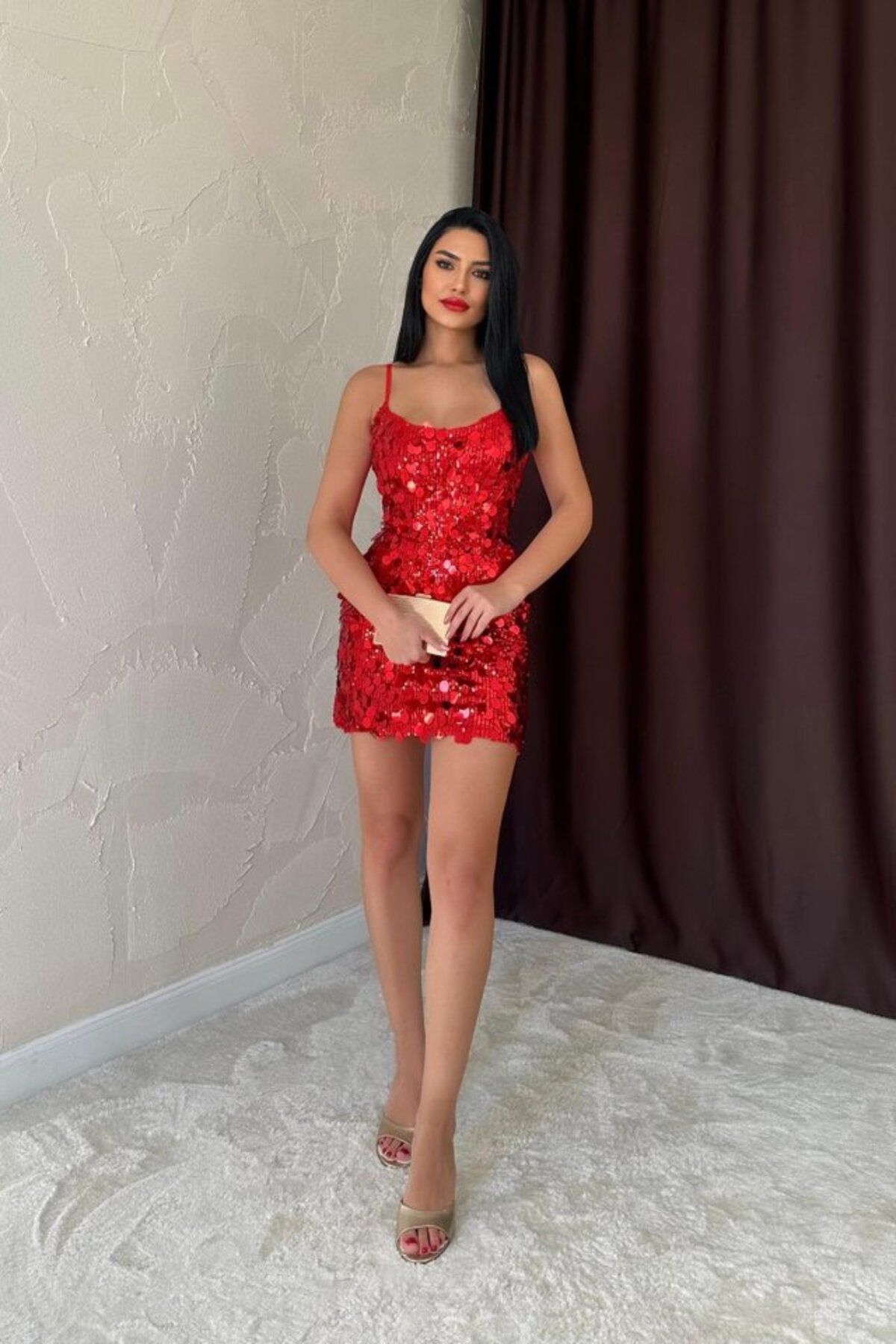 velmorafashion Kırmızı Payetli Askılı Elbise
