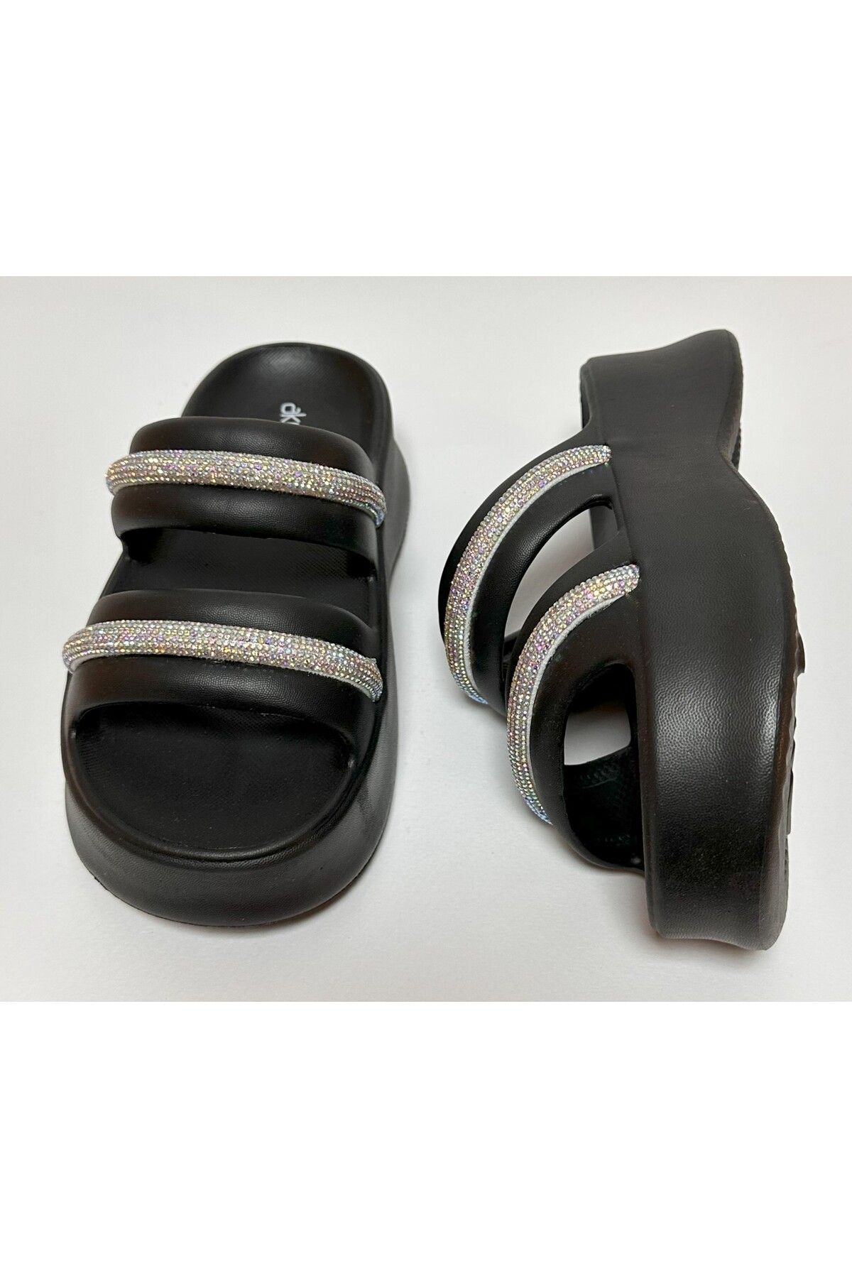 AkınalBella-Eva Black Double Banded Strip Stone Detail Platform Heel Comfortable and Lightweight Women's Daily Home Street Slippers 5