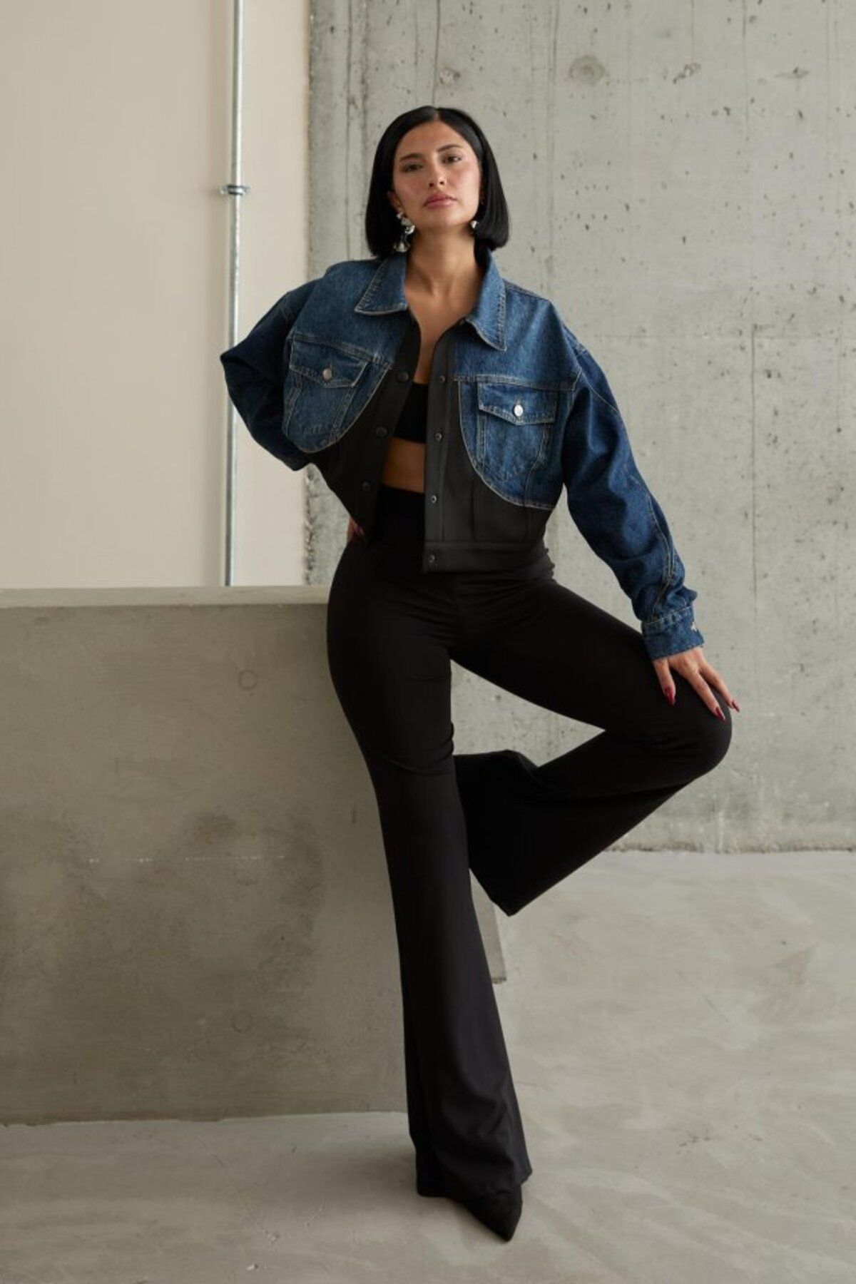 KAZAK Siyah Denim Scuba Garnili Ceket