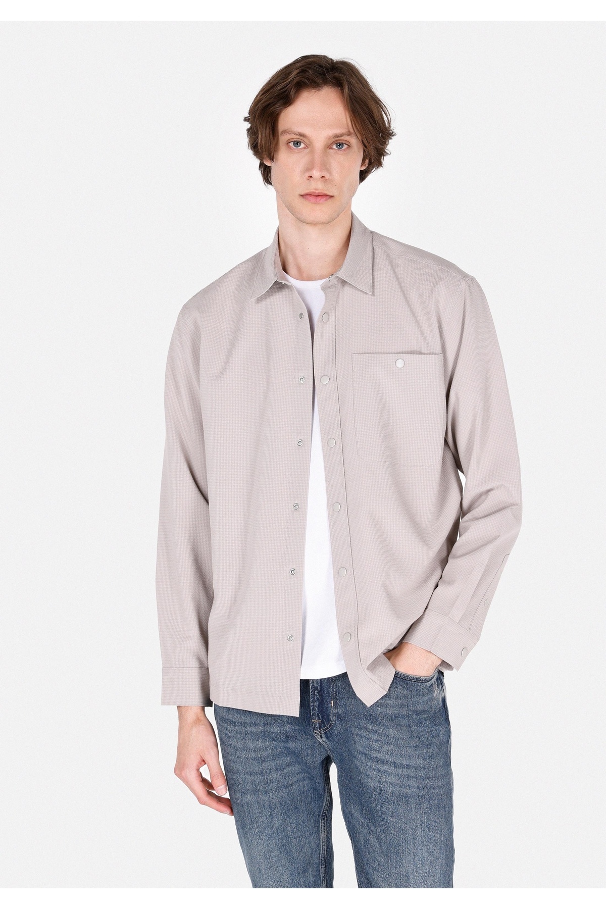 کالینز پیراهن مردانه یقه گرد ساده آستین بلند بژ