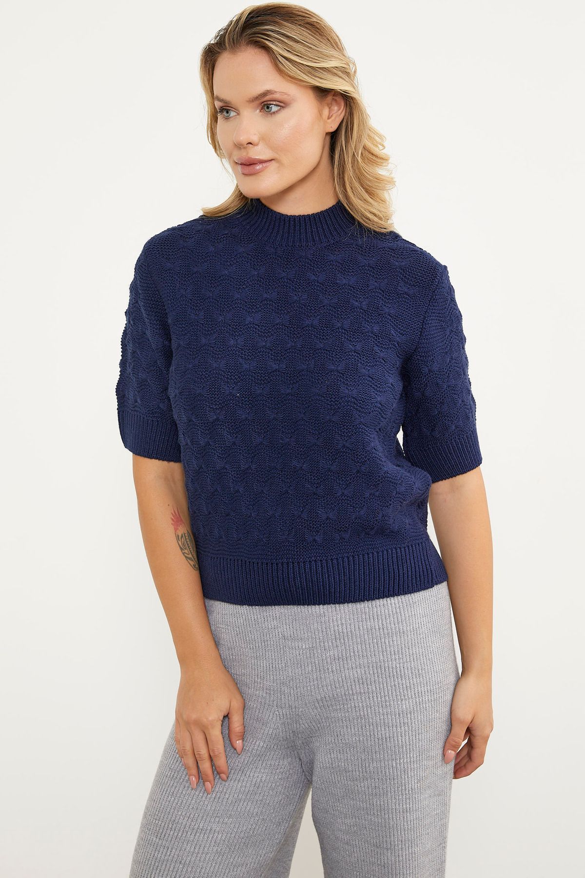 Sementa-Pulover cu maneci scurte cu modele fundite - bleumarin 2