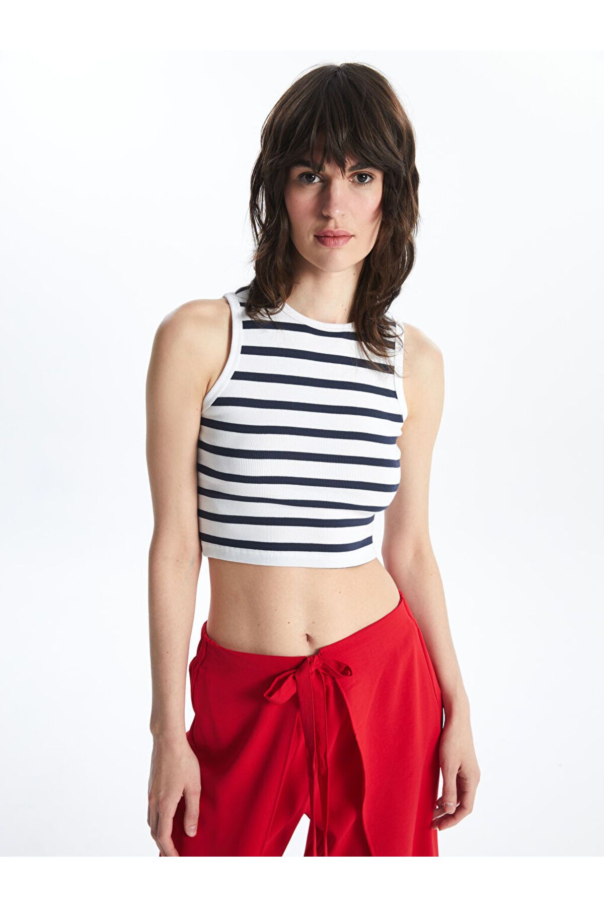 LC Waikiki LCW Bisiklet Yaka Çizgili Kadın Crop