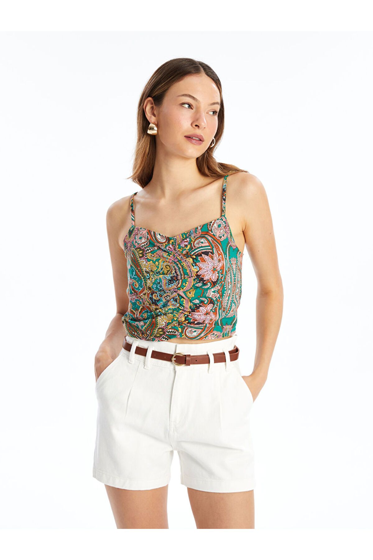 LC Waikiki LCW Kalp Yaka Desenli Askılı Keten Görünümlü Kadın Crop
