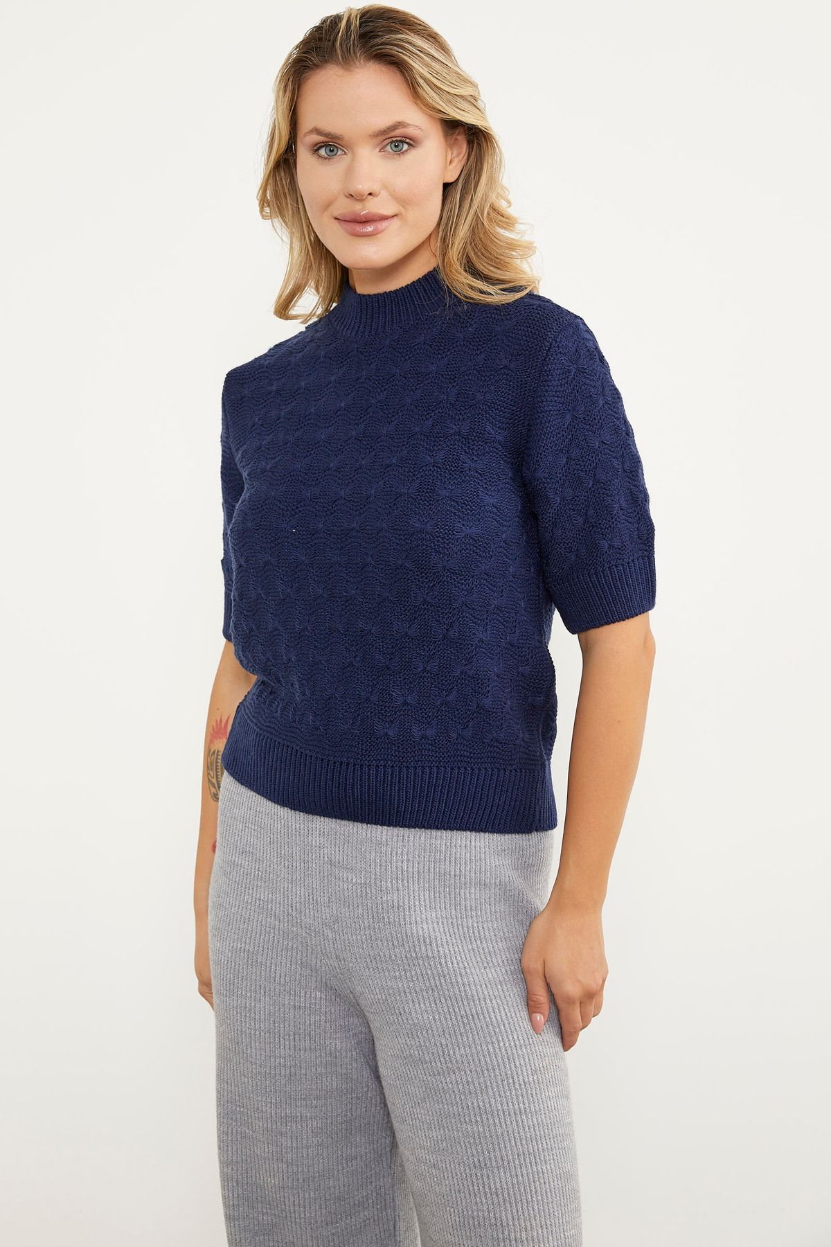 Sementa-Pulover cu maneci scurte cu modele fundite - bleumarin 3