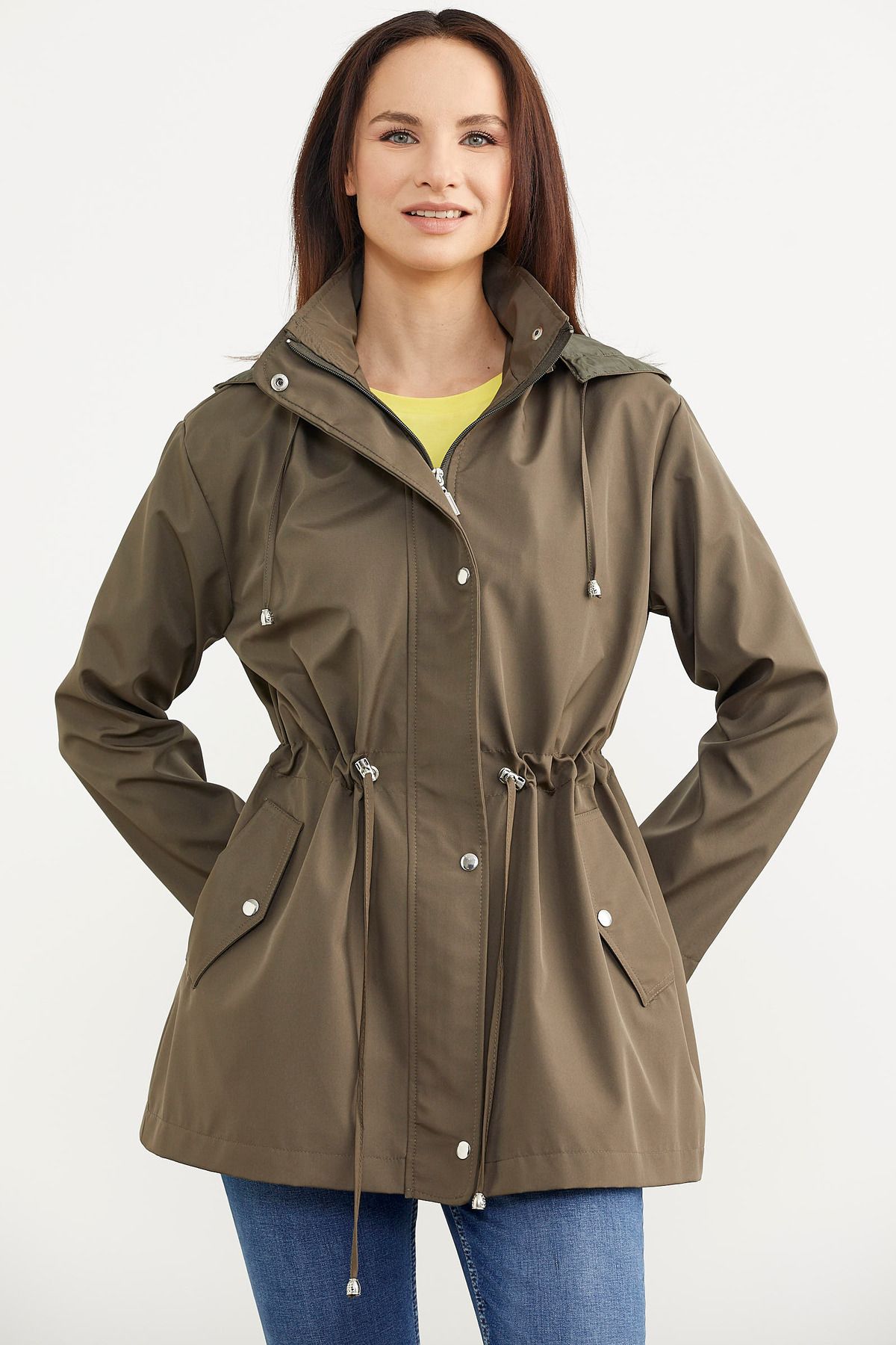 Sementa-Plus Size Drawstring Waist Hooded Trench Coat - Khaki 2