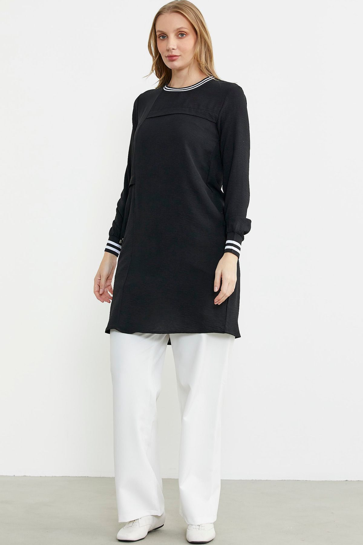 Sementa-Long Sleeve Crepe Ribbed Tunic - Black 3