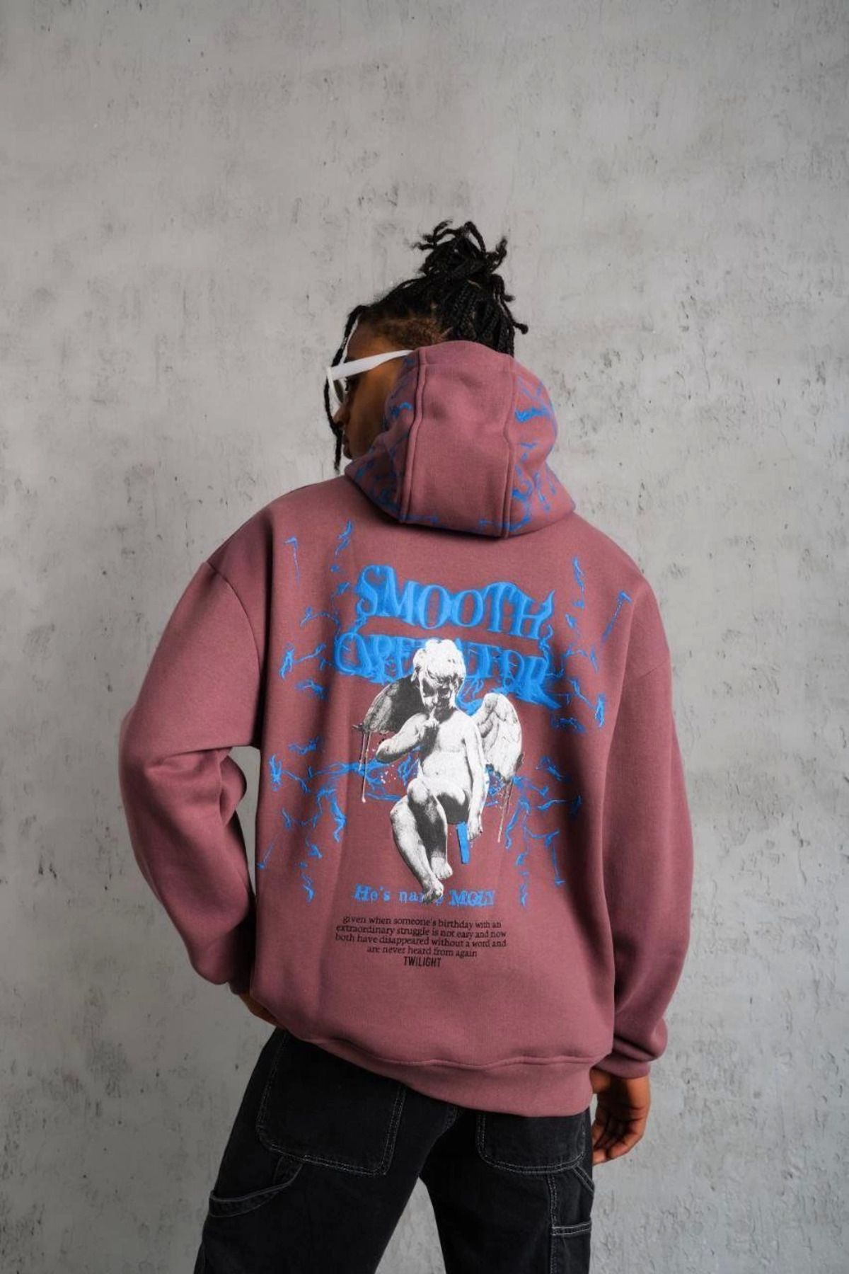 Pink Stil Erkek Yıldırım Baskılı Kapşonlu Sweat - Gül Kurusu Pink Stil