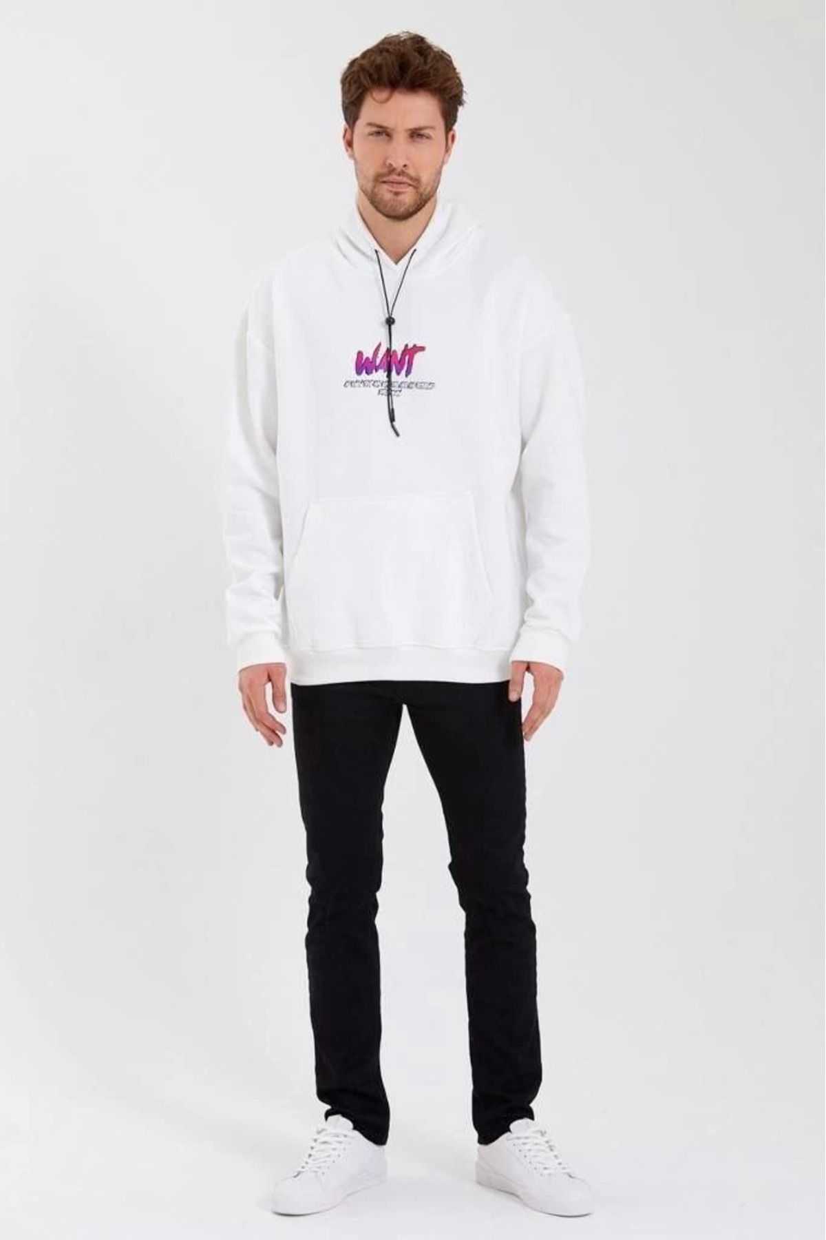 Pink Stil Erkek Baskılı Üç İplik Kapüşonlu Oversize Sweatshirt - Beyaz Pink Stil