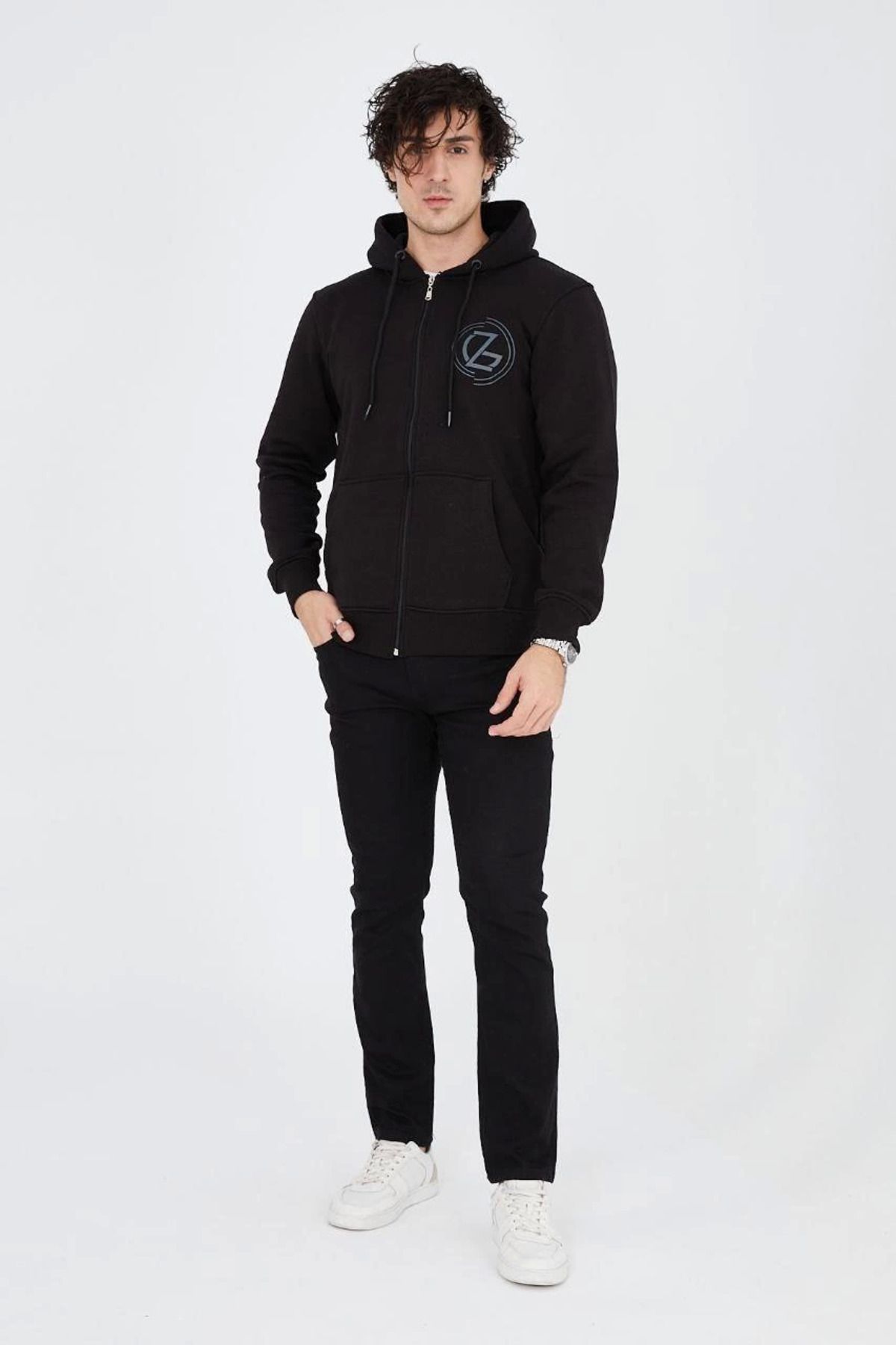 Pink Stil Erkek Kapüşonlu Baskılı Fermuarlı Hırka - Siyah Pink Stil