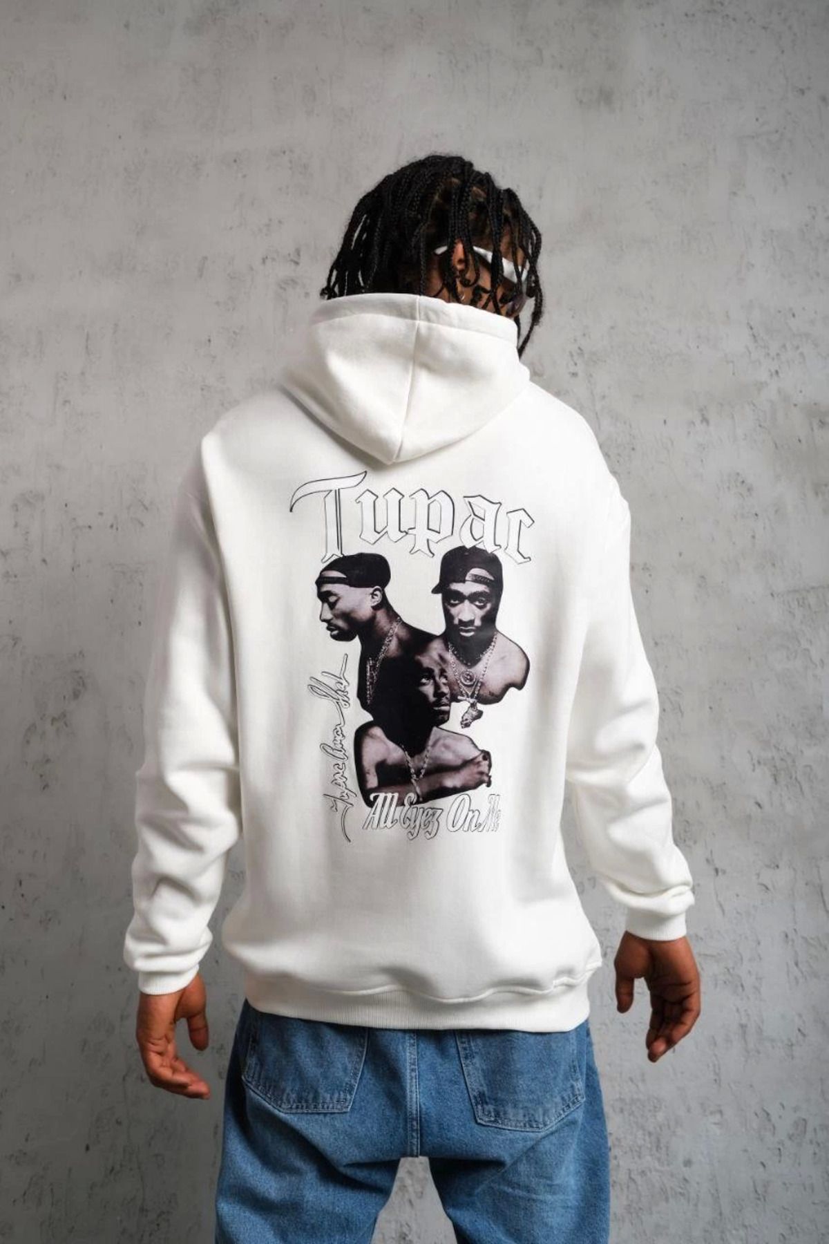 Pink Stil Erkek Kol ve Etek Ribana Baskılı Kapüşonlu Sweat - Beyaz Pink Stil
