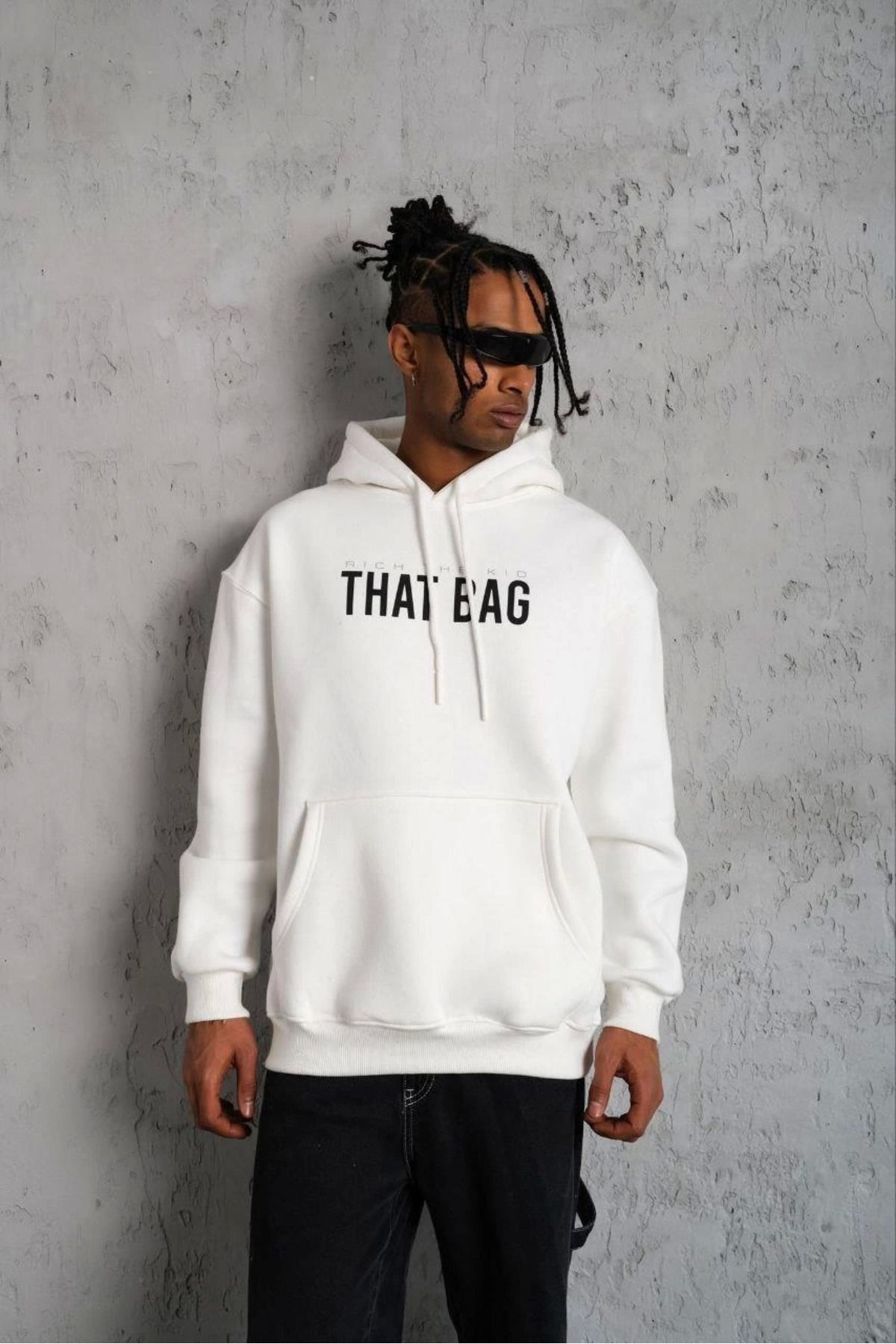 Pink Stil Erkek Kanguru Cep Baskılı Kapüşonlu Sweatshirt - Beyaz Pink Stil