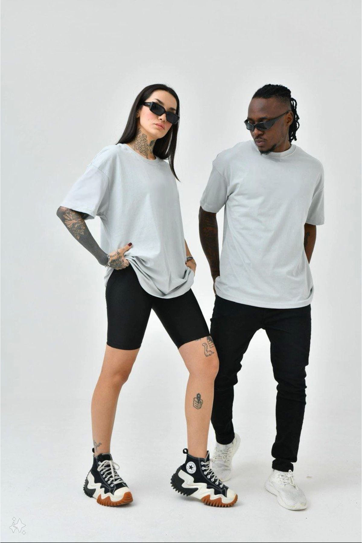 Pink Stil Unisex Basic Bisiklet Yaka Oversize T-Shirt - Boyalı Gri Pink Stil