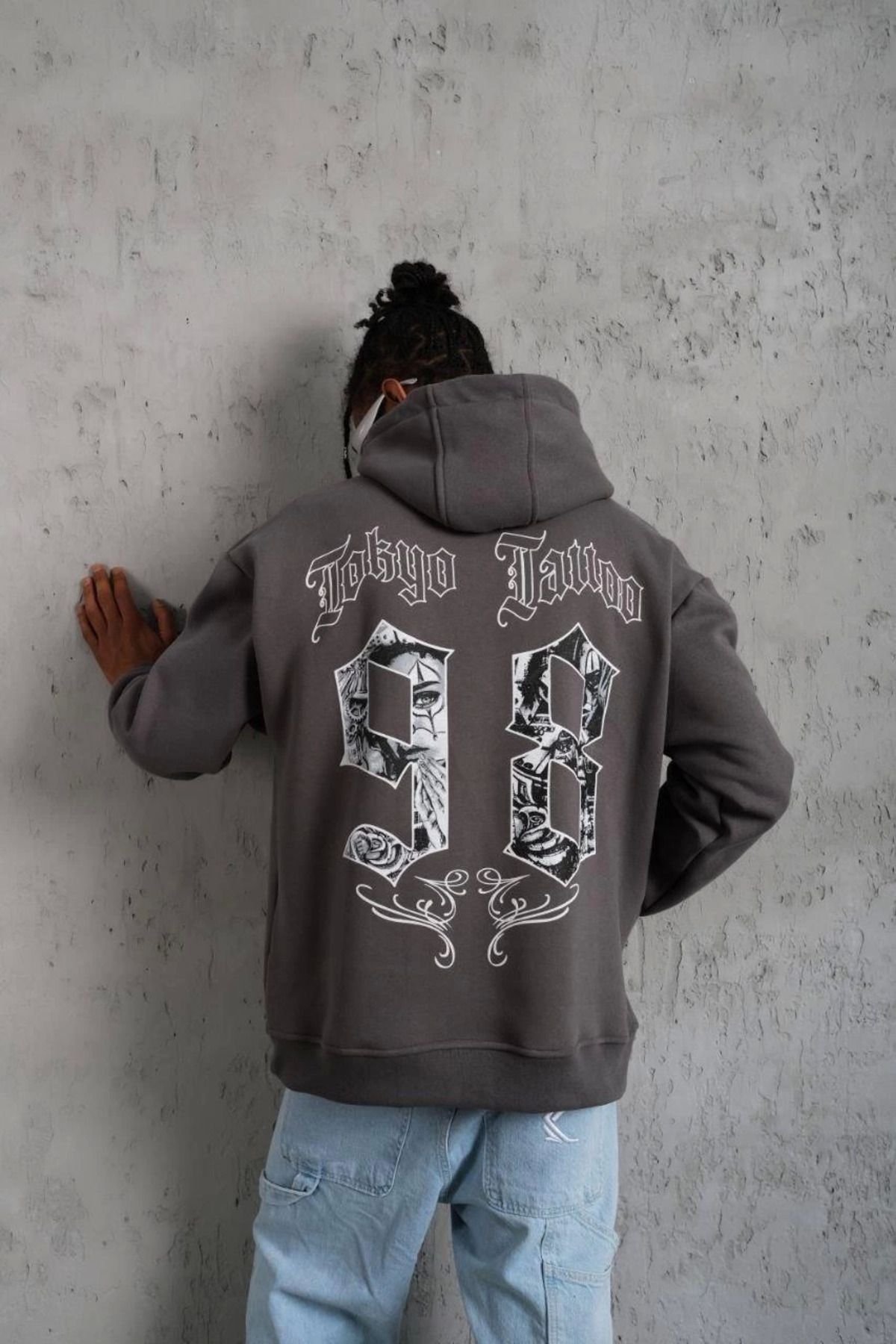 Pink Stil Erkek 98 Baskılı Kapşonlu Sweat - Gri Pink Stil
