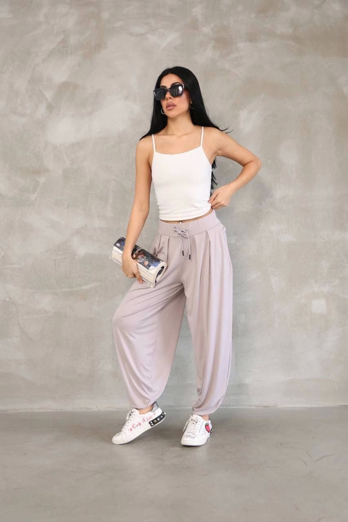 Pink Stil Osy Modal Yumuşak Dokulu Kumaş Şalvar Pantalon - Bej