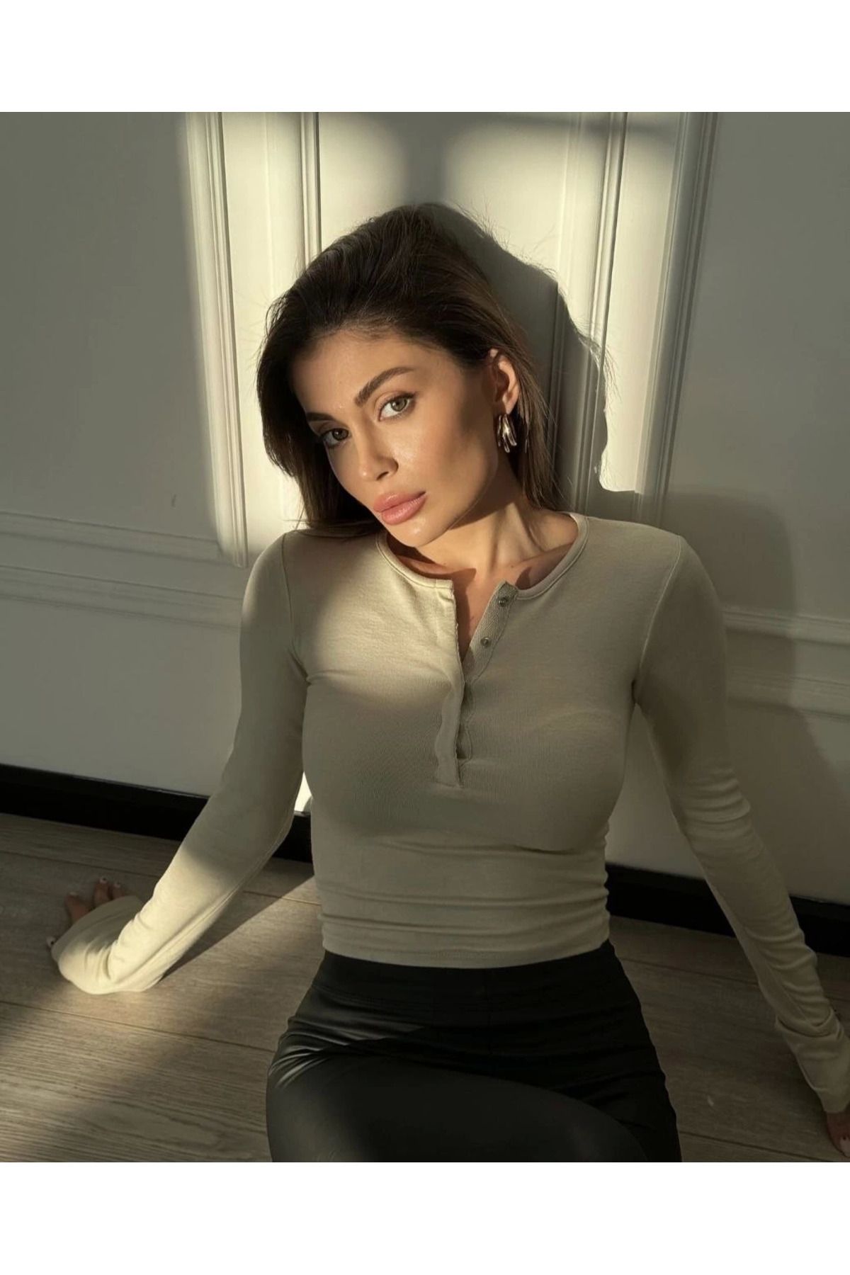 Pink Stil Cıt Cıt Detaylı Uzun Kollu Crop - Taş