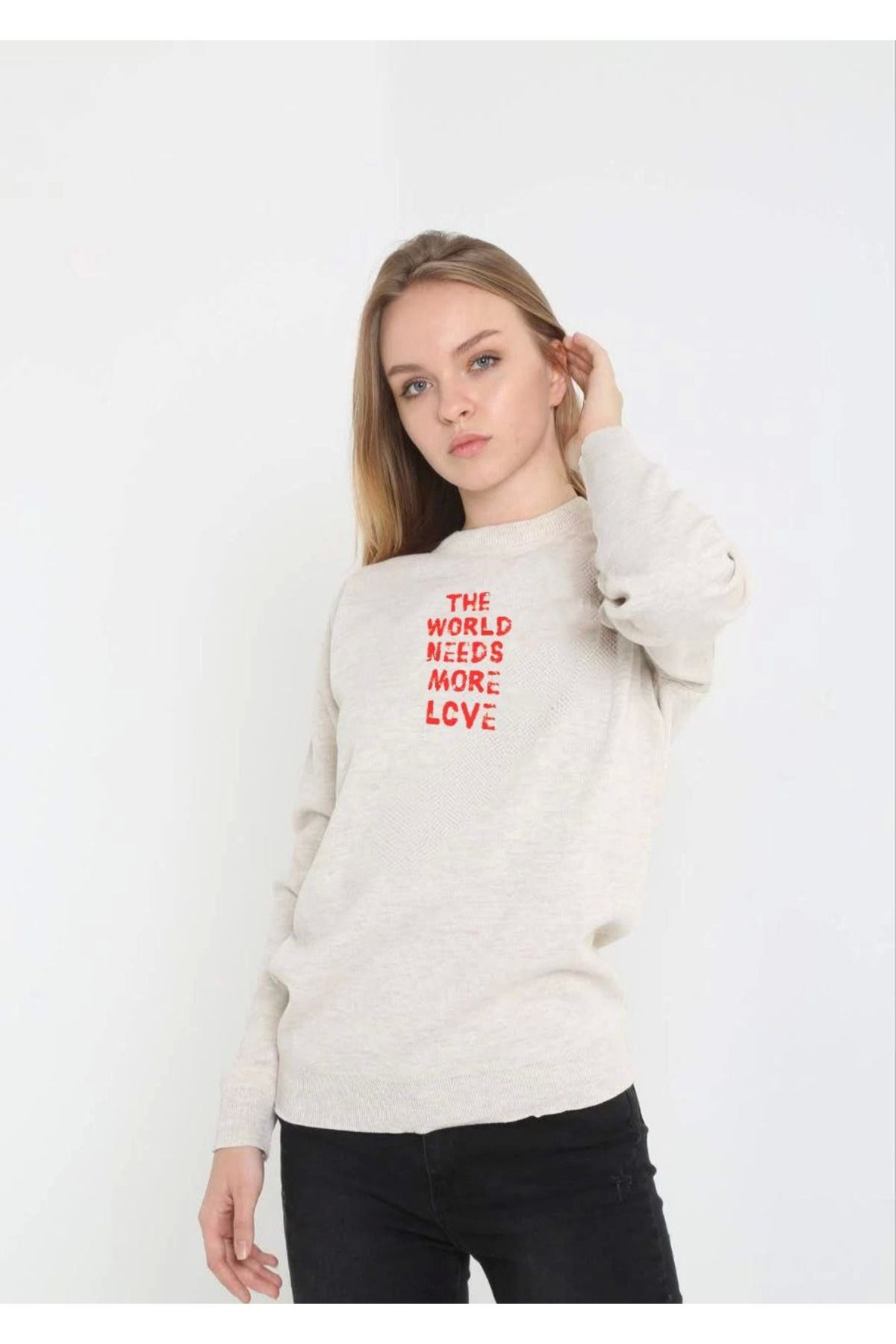 Vemora Unisex Bisiklet Yaka Baskılı Dokuma Triko - Bej