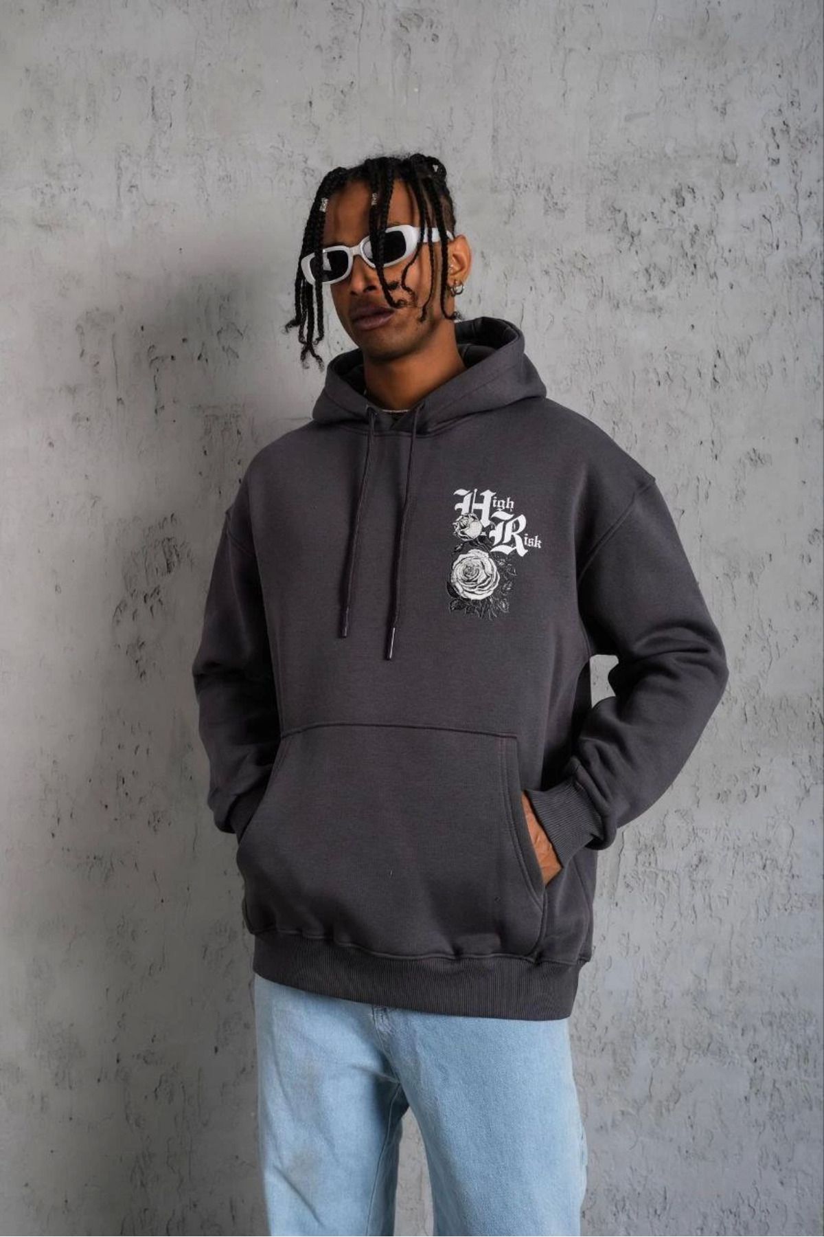Pink Stil Erkek Baskılı Kapşonlu Sweat - Füme Pink Stil